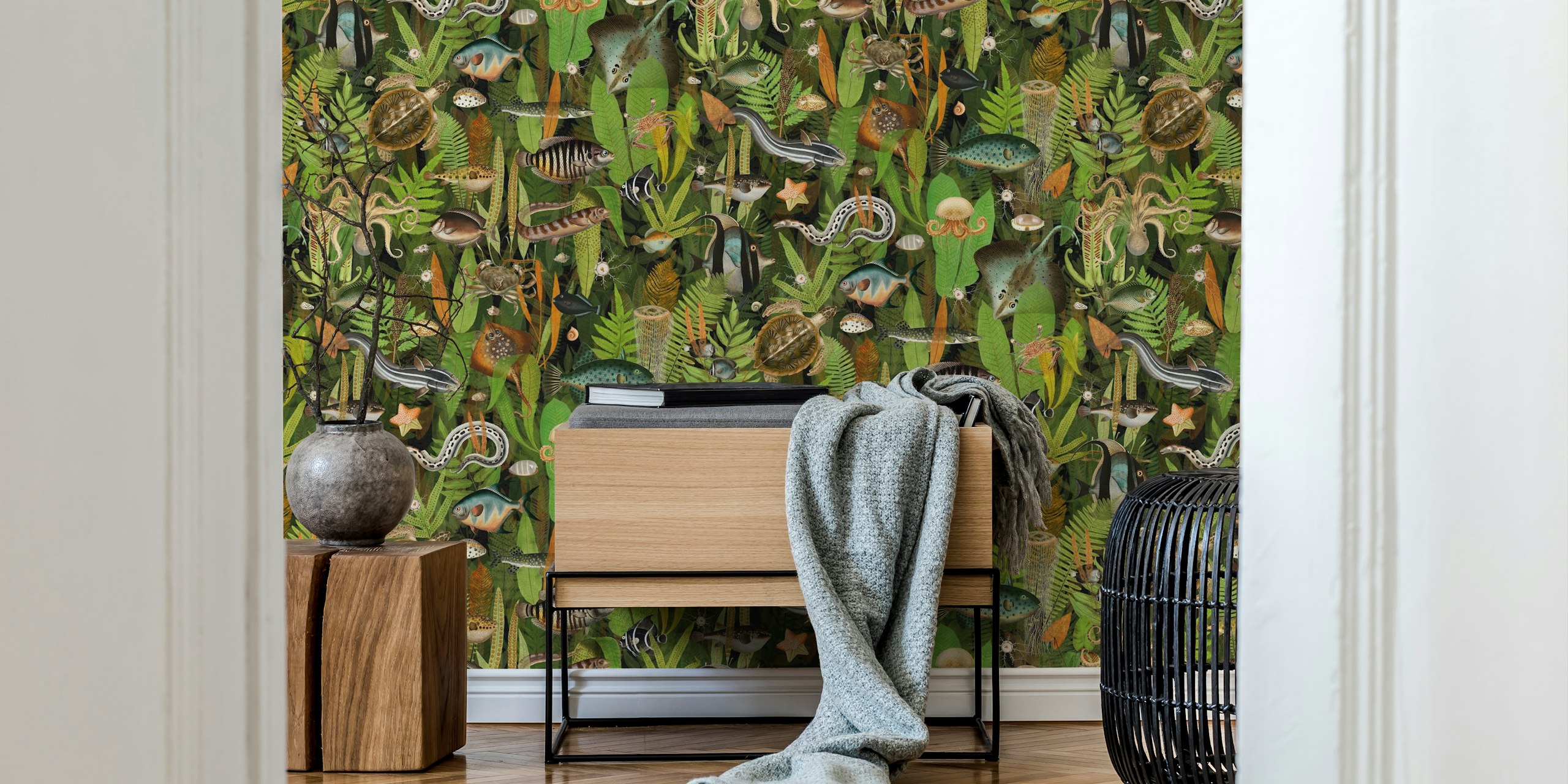 Aqua Eden wall mural with abstract green and orange botanical patterns on a black background