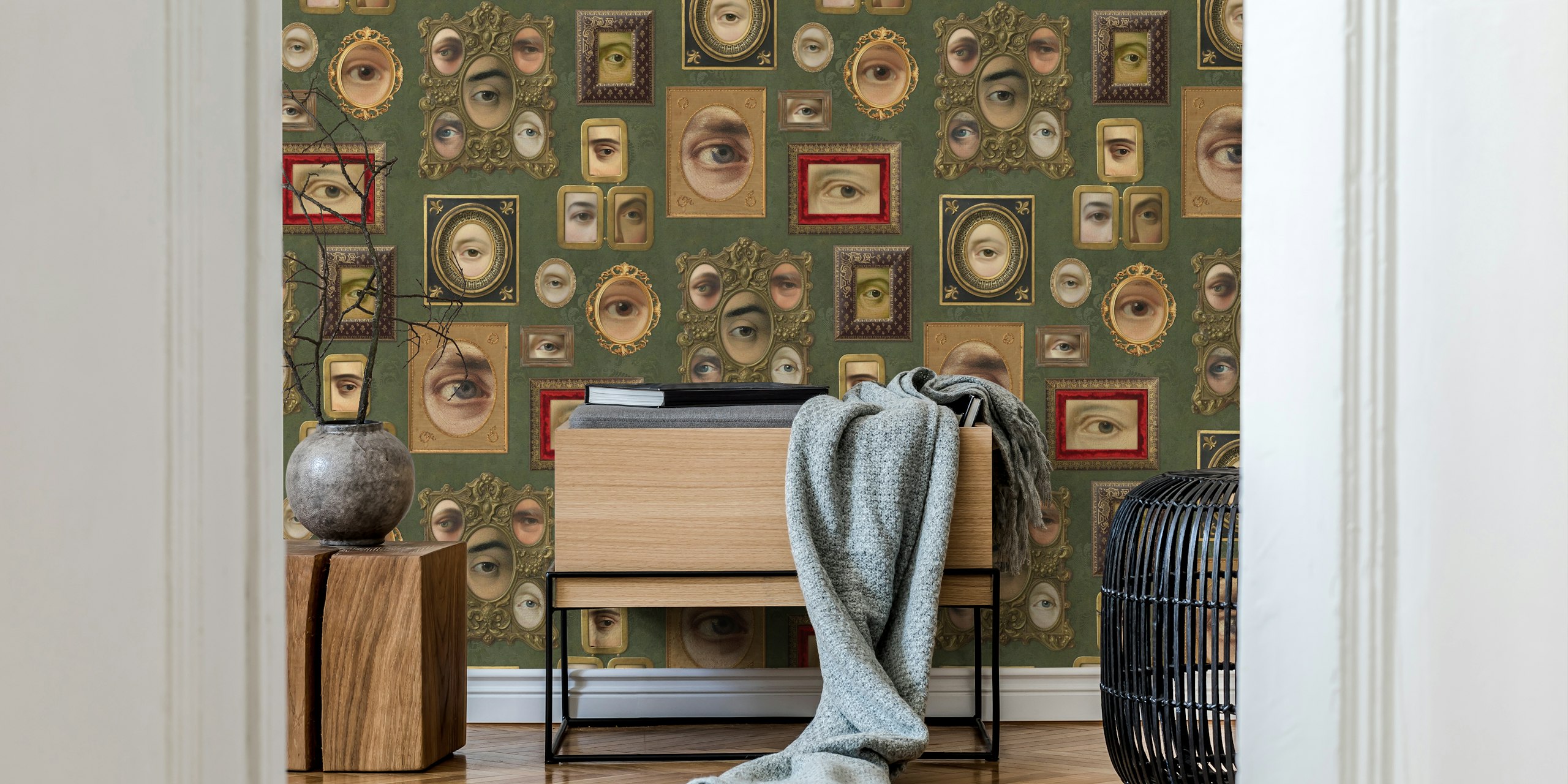 Victorian portraits in framed eyes on olive green wallpaper