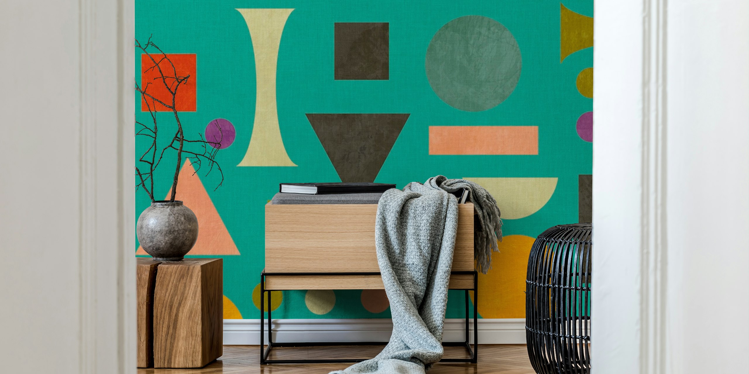 Colorful geometric shapes on turquoise background wallpaper