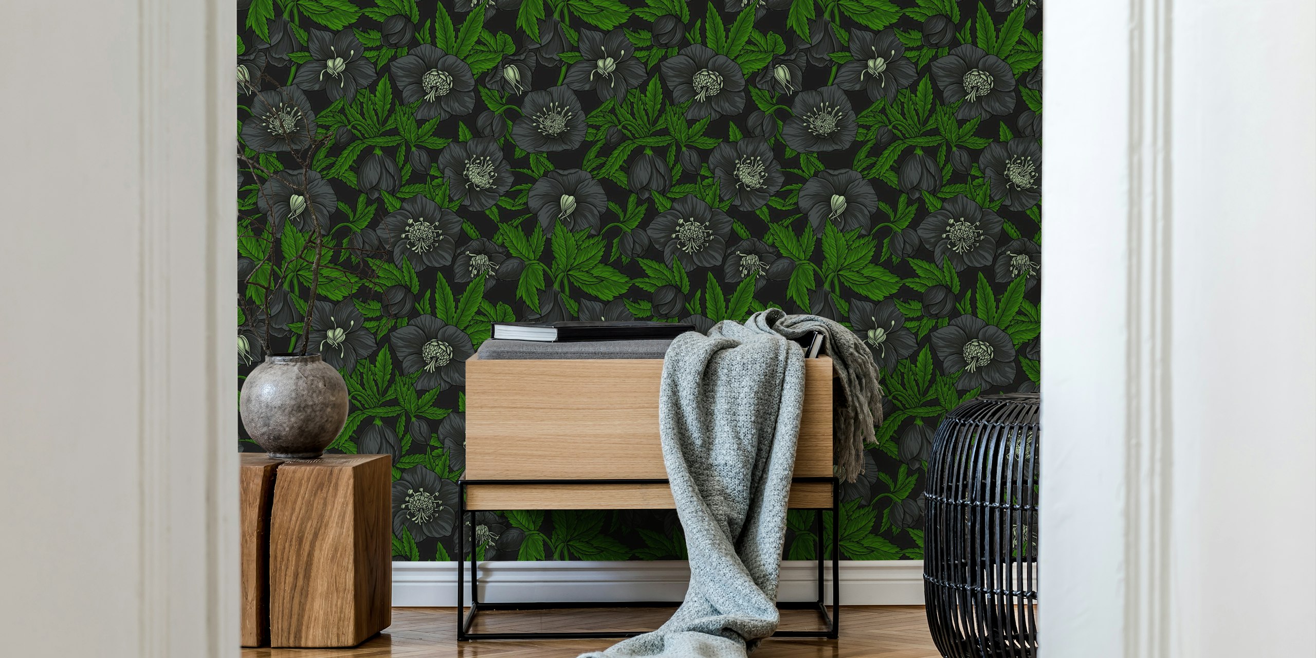 Black floral wallpaper with hellebores and green leaves in intricate design