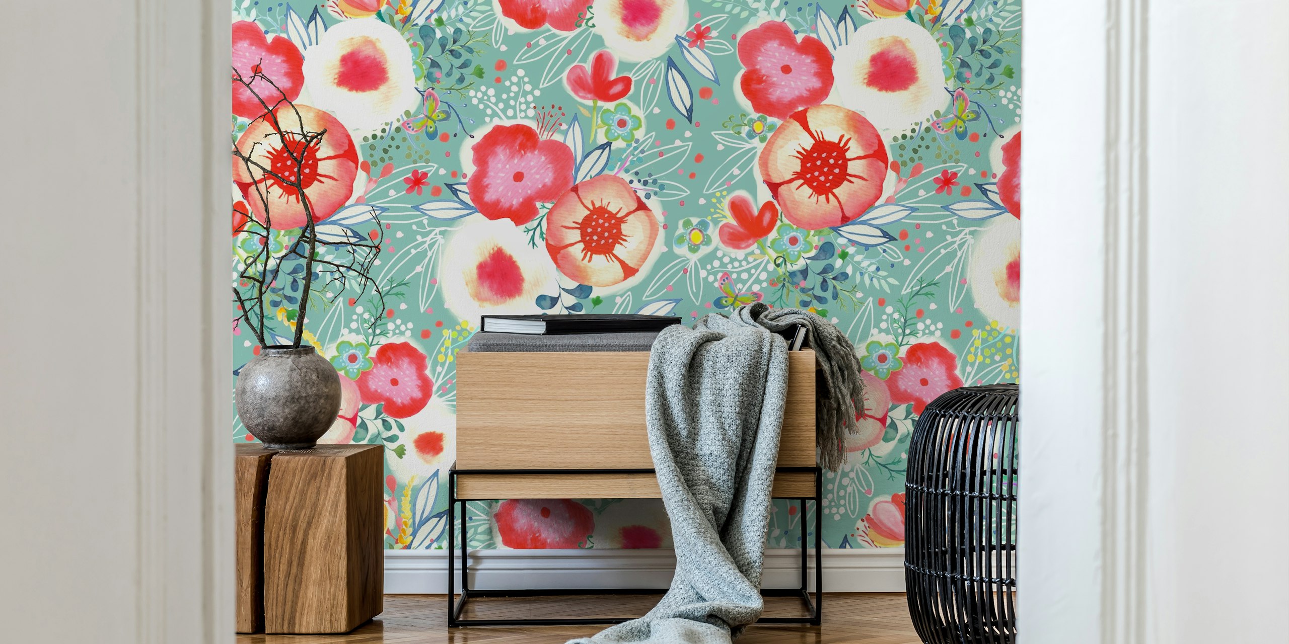 Fleurs de jardin aquarelle en papier peint à la menthe pour la décoration intérieure.