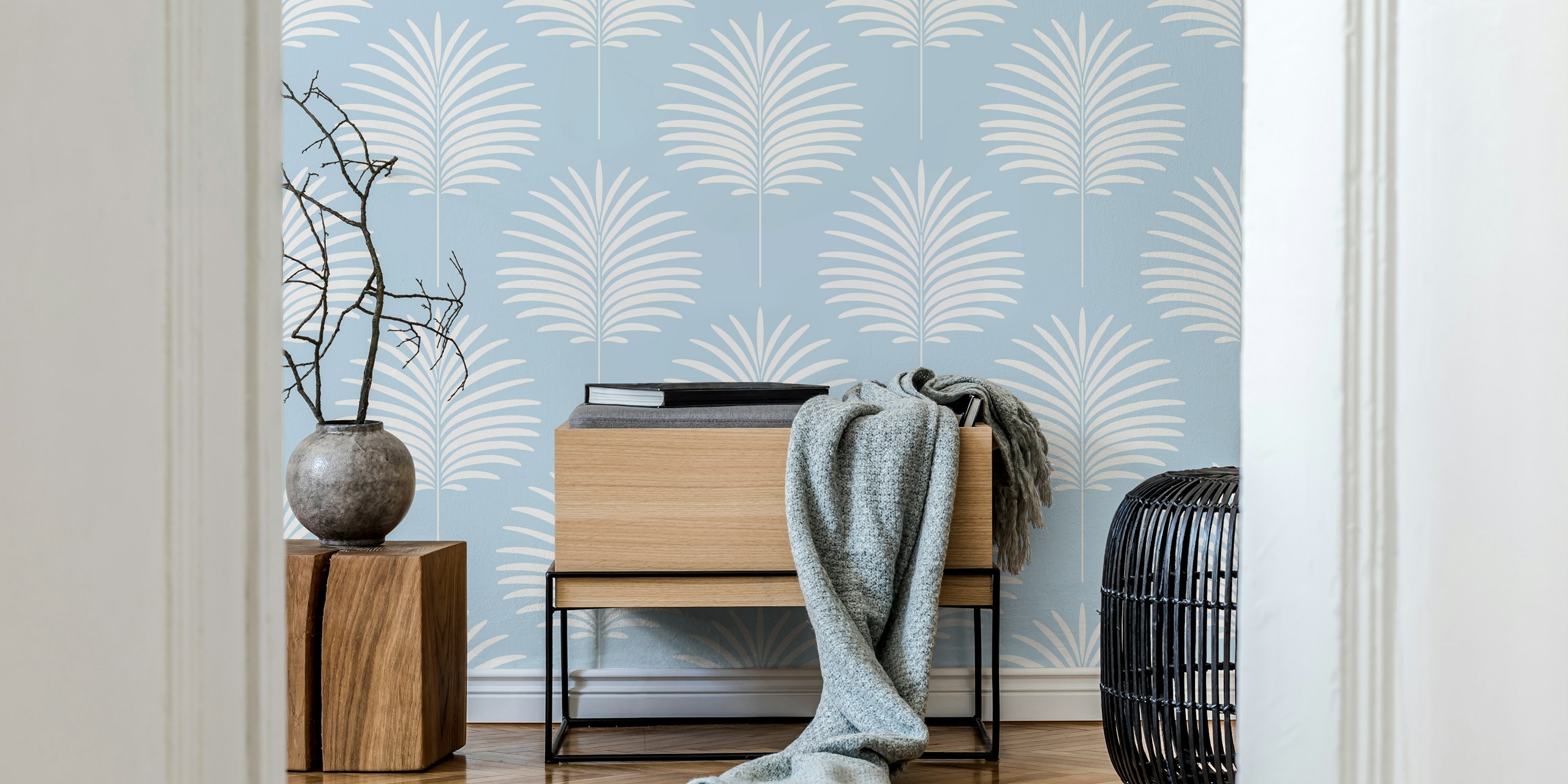 White palm leaves on a light blue background wallpaper
