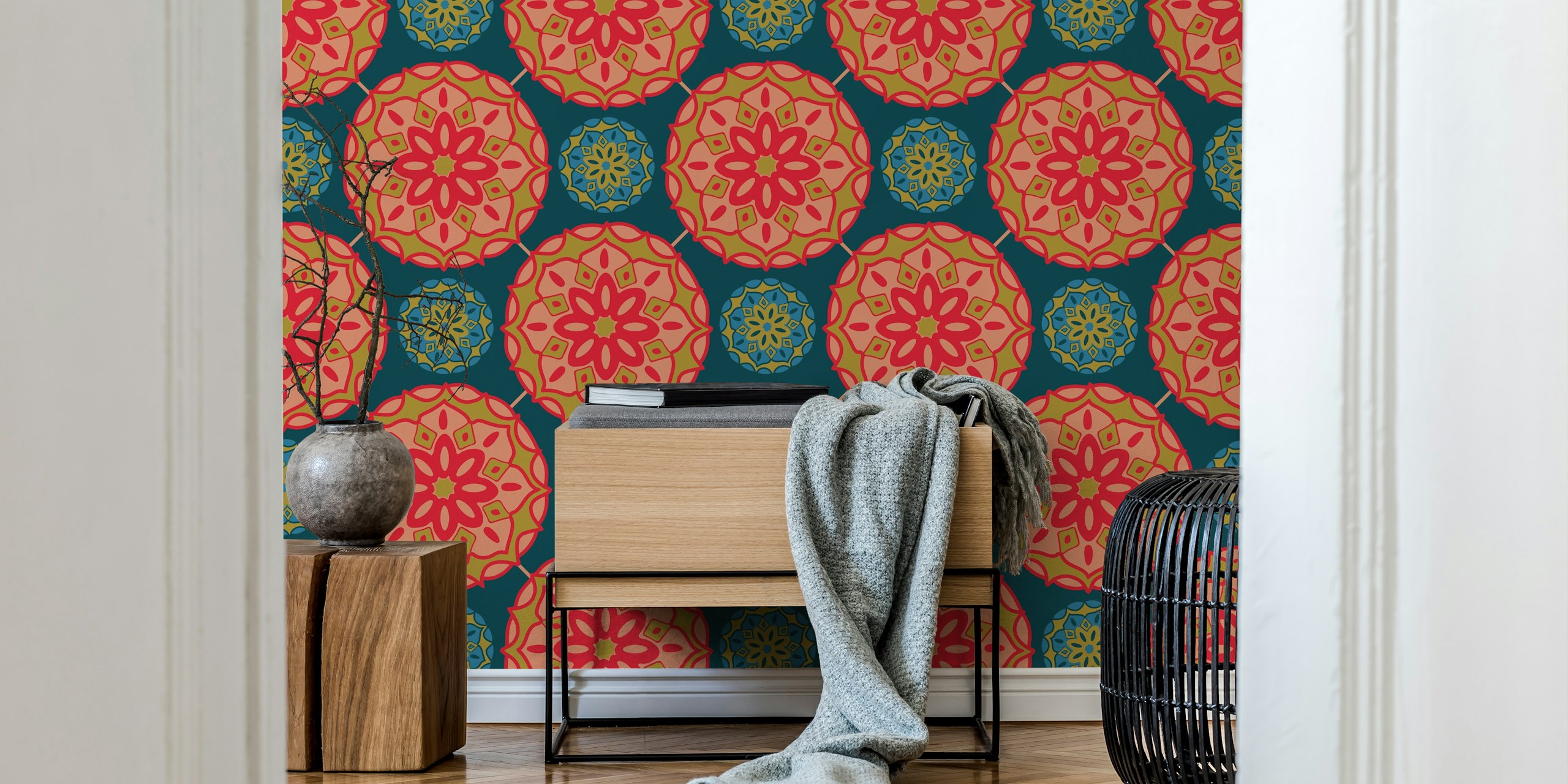 Bohemian Floral Mandala Red wallpaper in a room