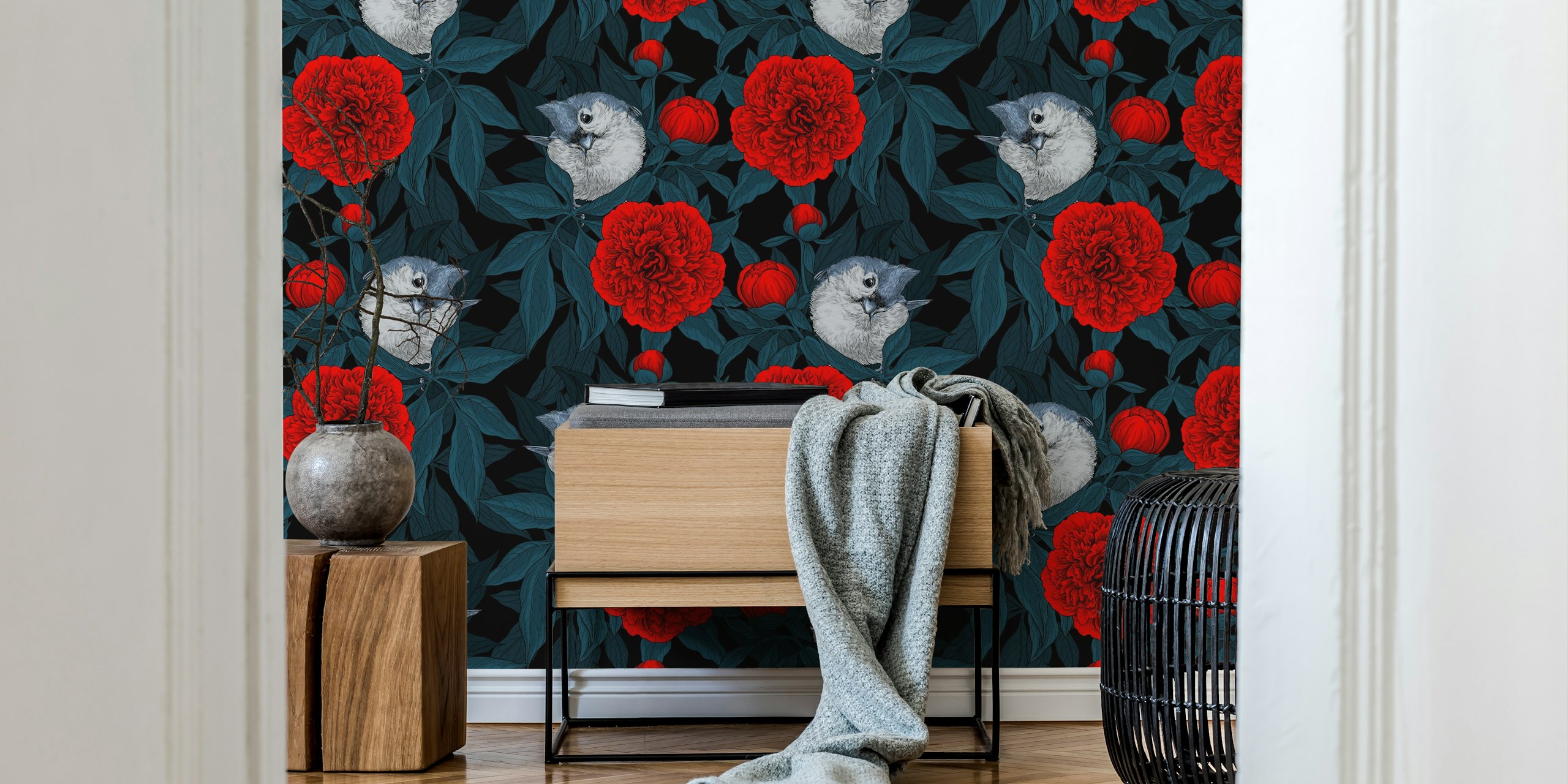 Wallpaper featuring birds and red peony flowers