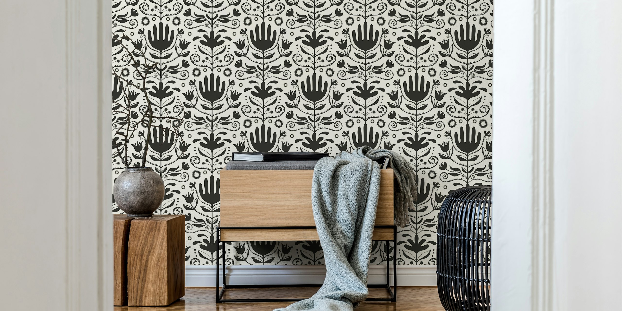 Nordic floral black wallpaper in a room