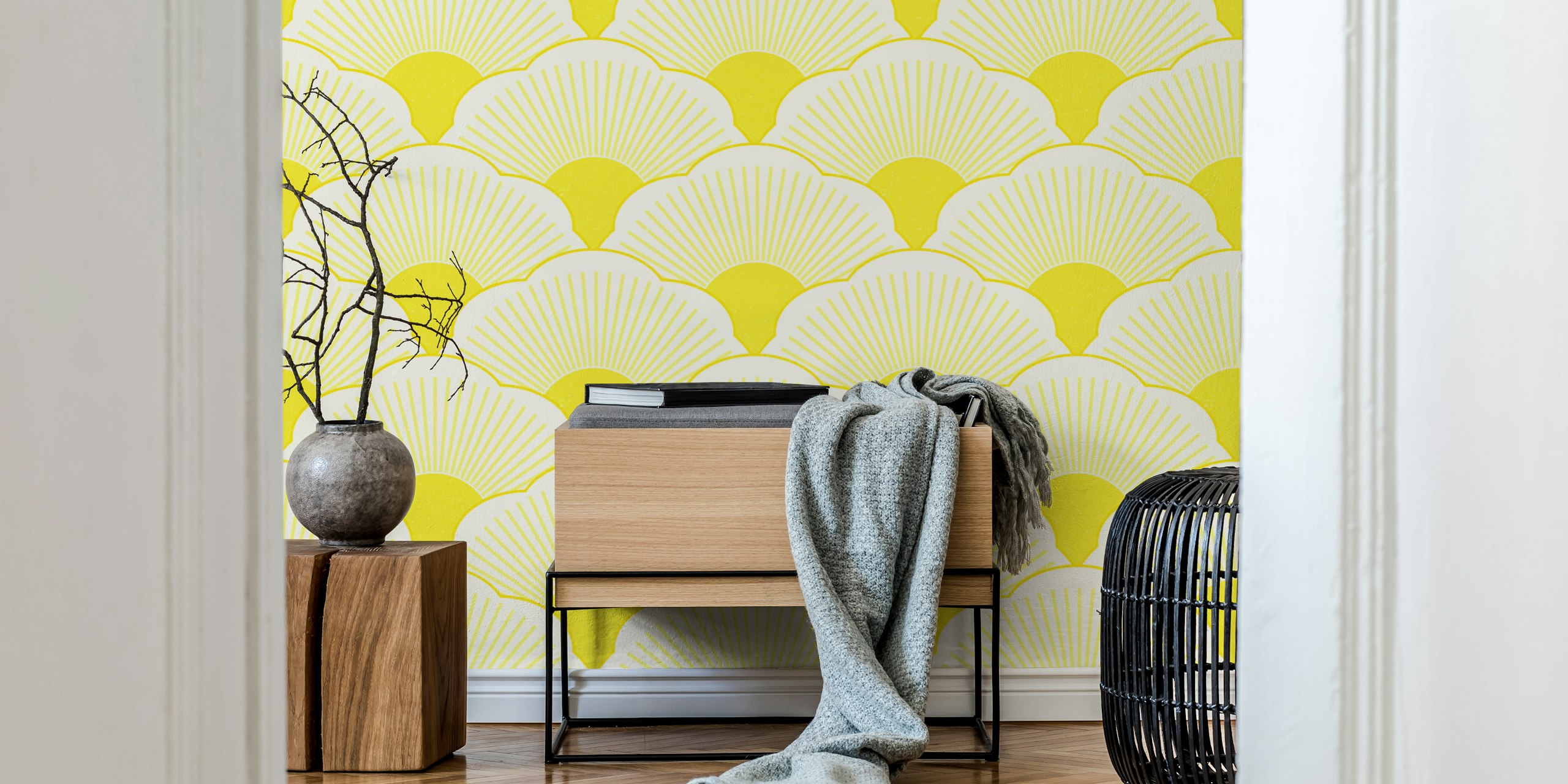Gul Sunset tonal yellow concrete texture tapet i et rom