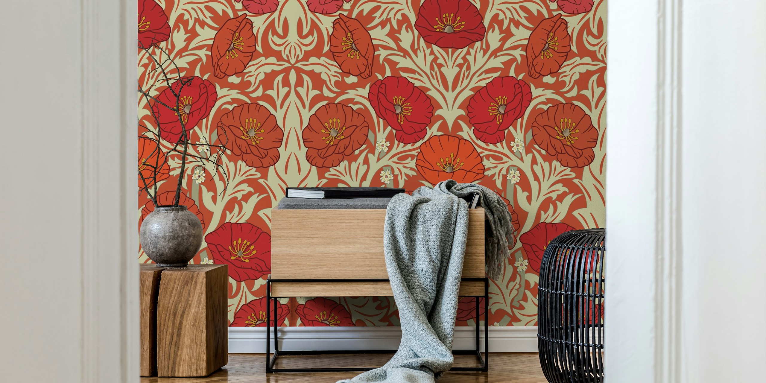 Väggmålning för röda vallmo i retrostil med utsmyckade mönster