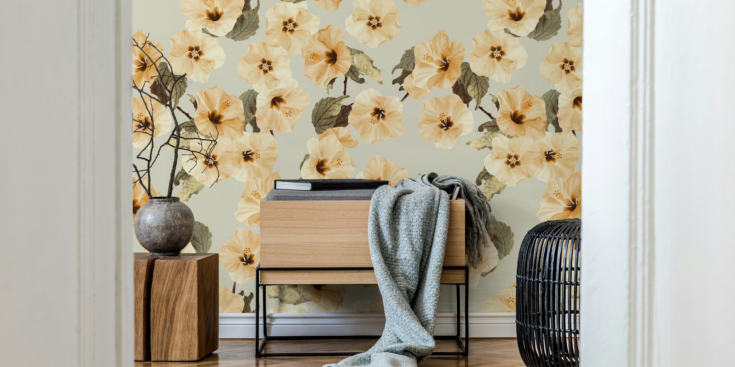 Golden flowers wallpaper design in a room