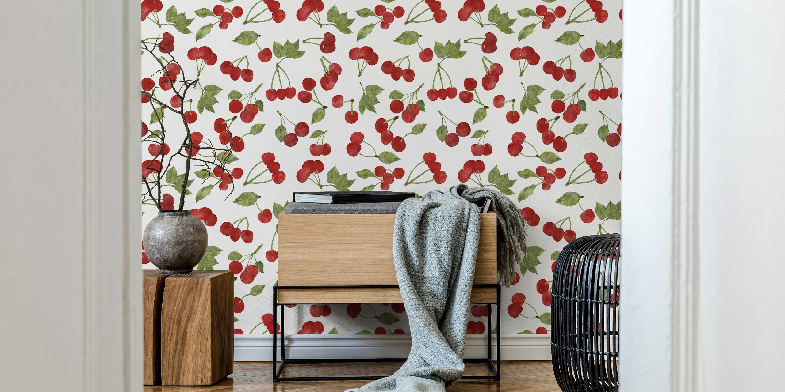 Red cherries and green leaves pattern wallpaper