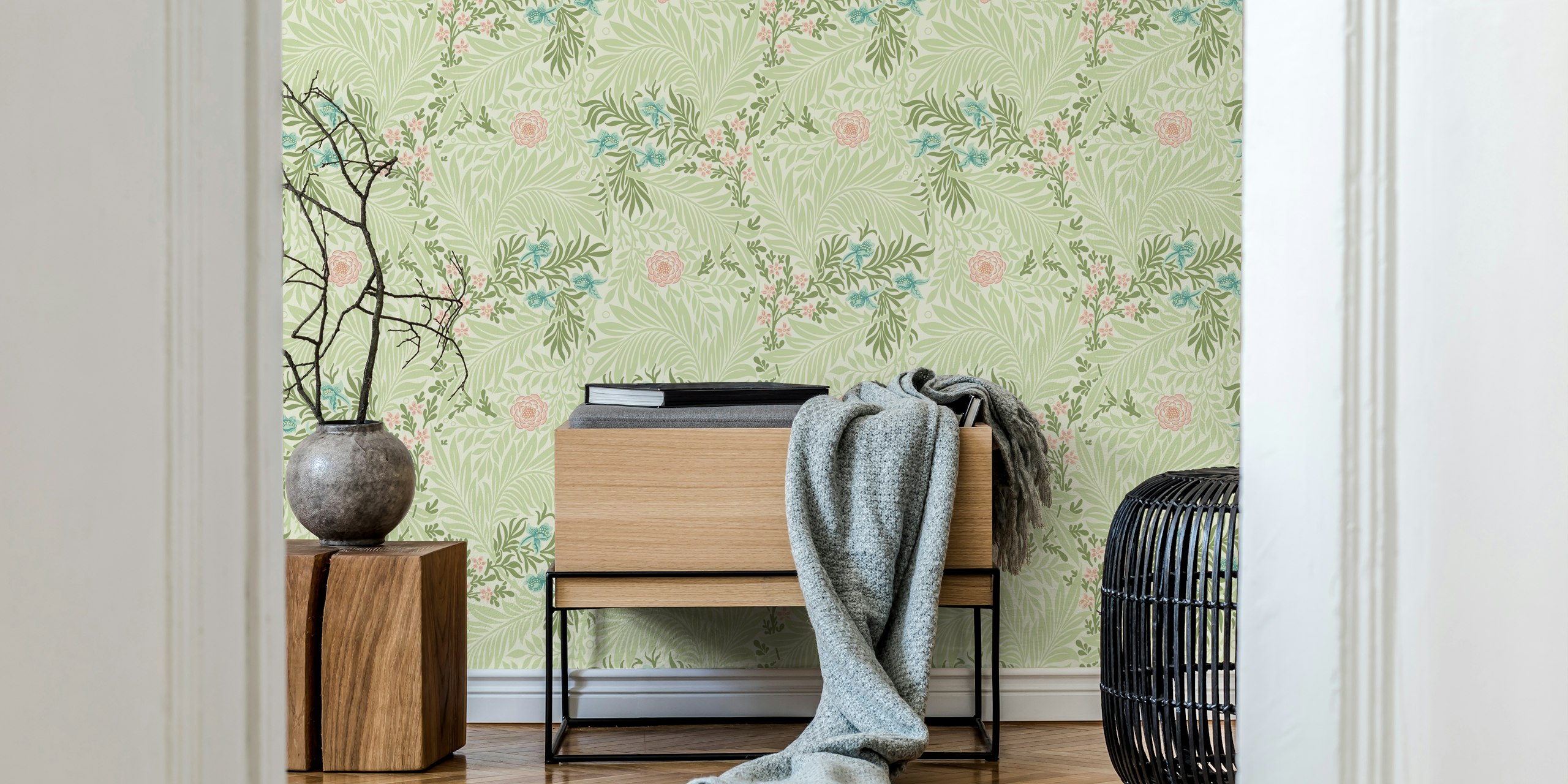 Victorian Larkspur pattern wall mural with soft pastels and botanical motifs