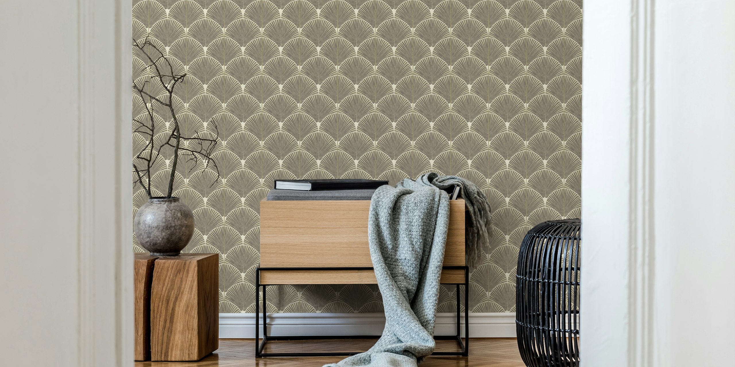 Warm neutral Japandi palms wallpaper in a room