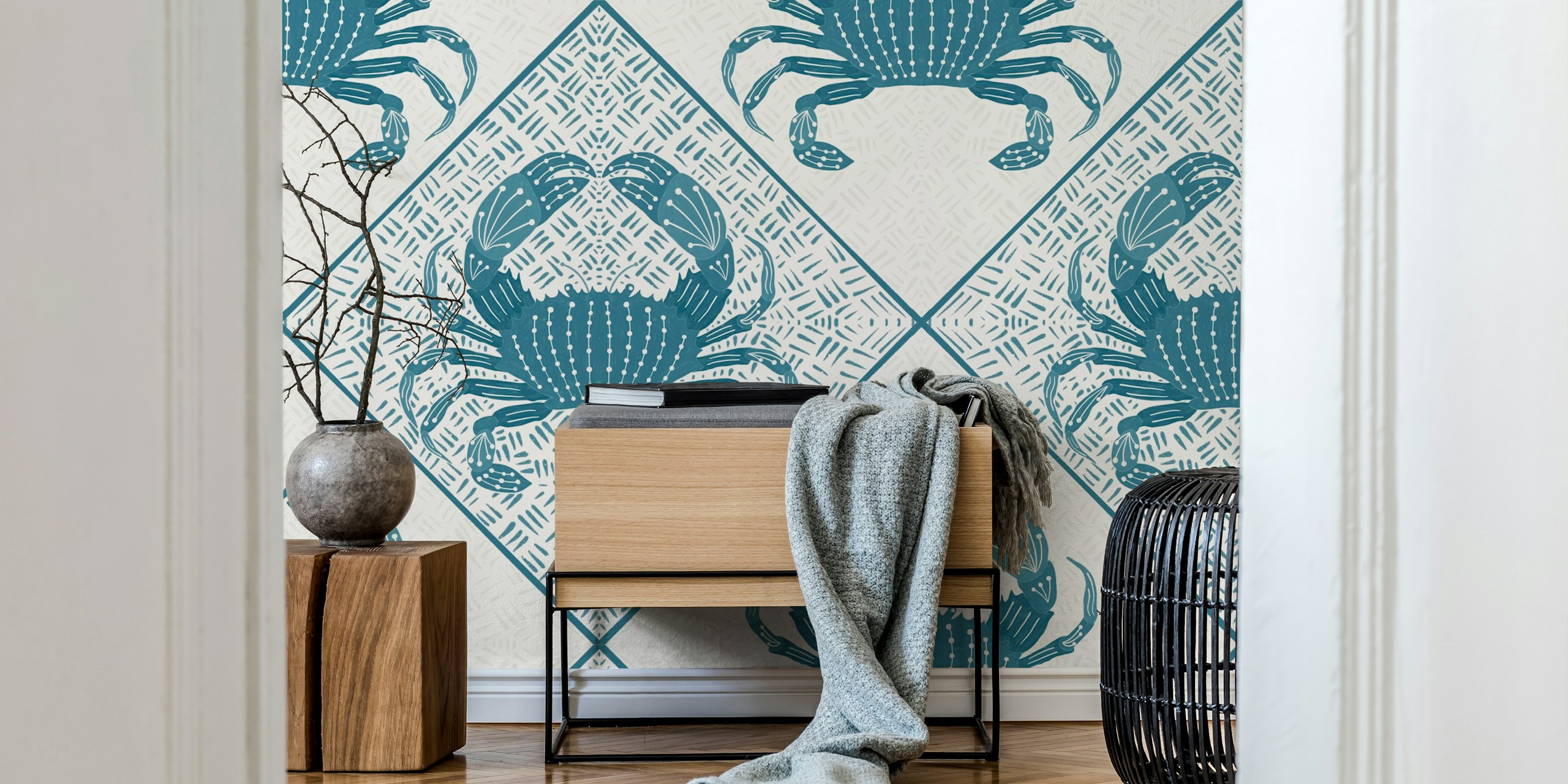 Blue Crab Cove wall mural featuring symmetrical crab motifs in blue and white.