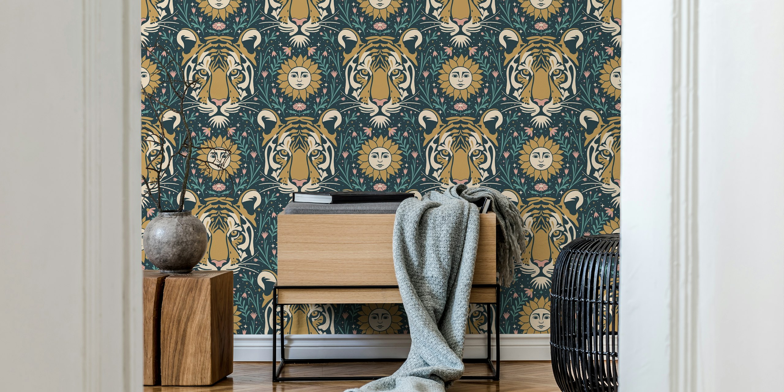 Dark tiger design with mustard flowers and teal leaves wallpaper