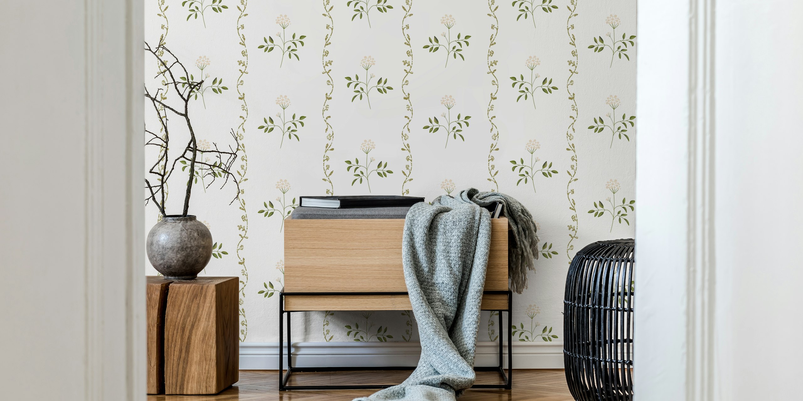 Minimal floral stripes wallpaper in a room
