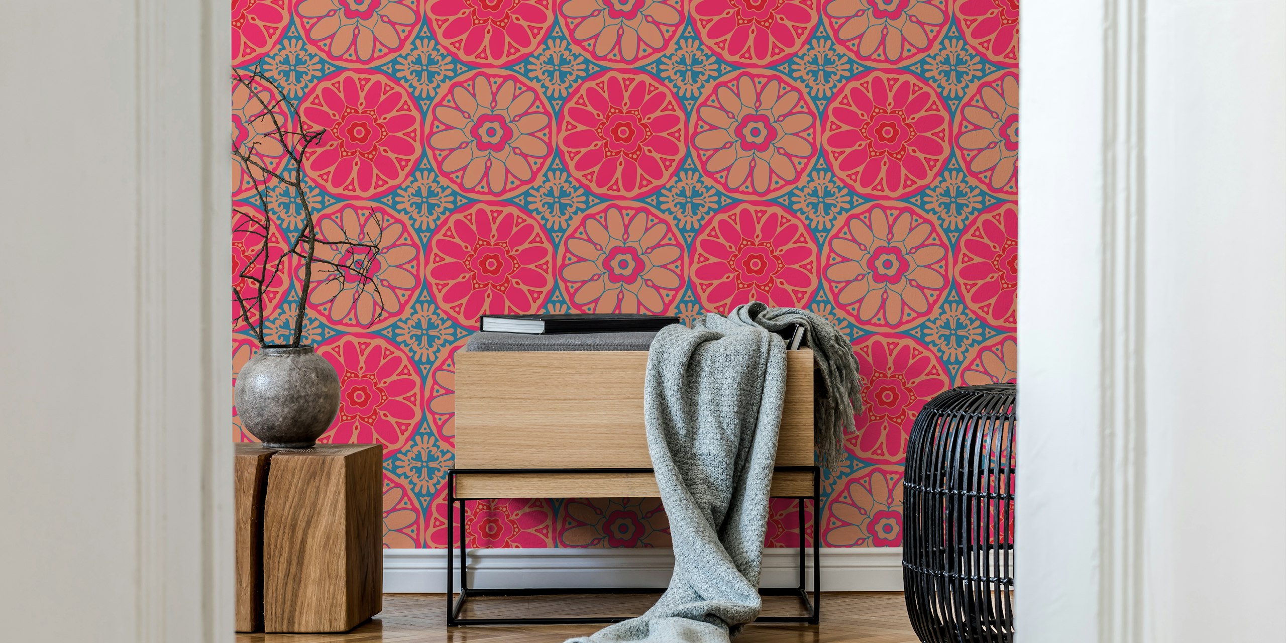 Pink blue mandala wallpaper in a stylish room