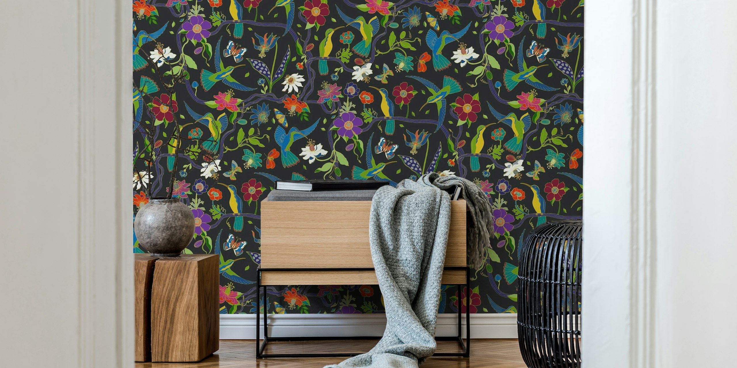 Hummingbirds and Passion flowers - cloisonne wallpaper