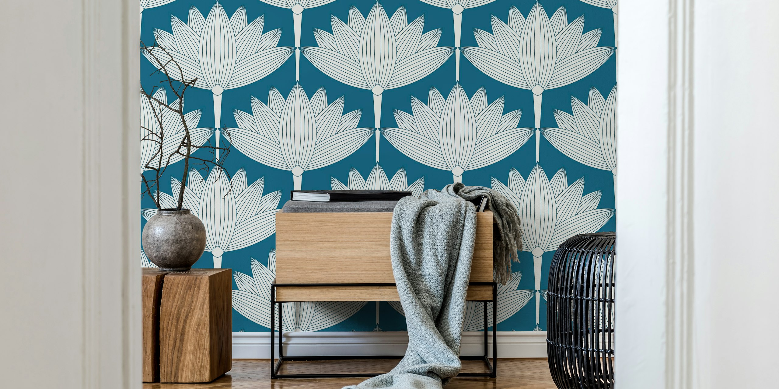 Wandtapete im Art-Deco-Stil mit Lotusmuster in Blaugrün und Weiß