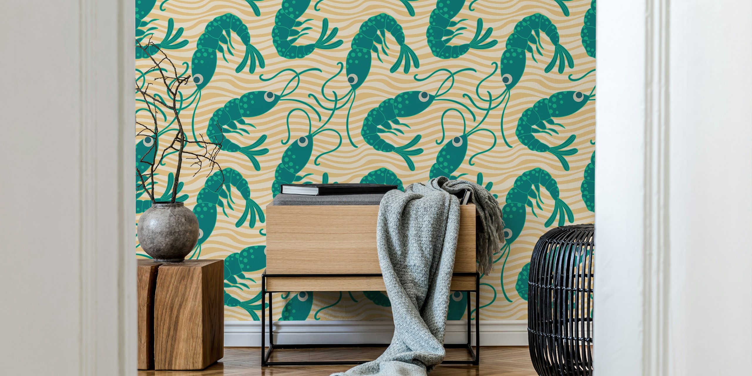 Green shrimps on textured beige background wallpaper
