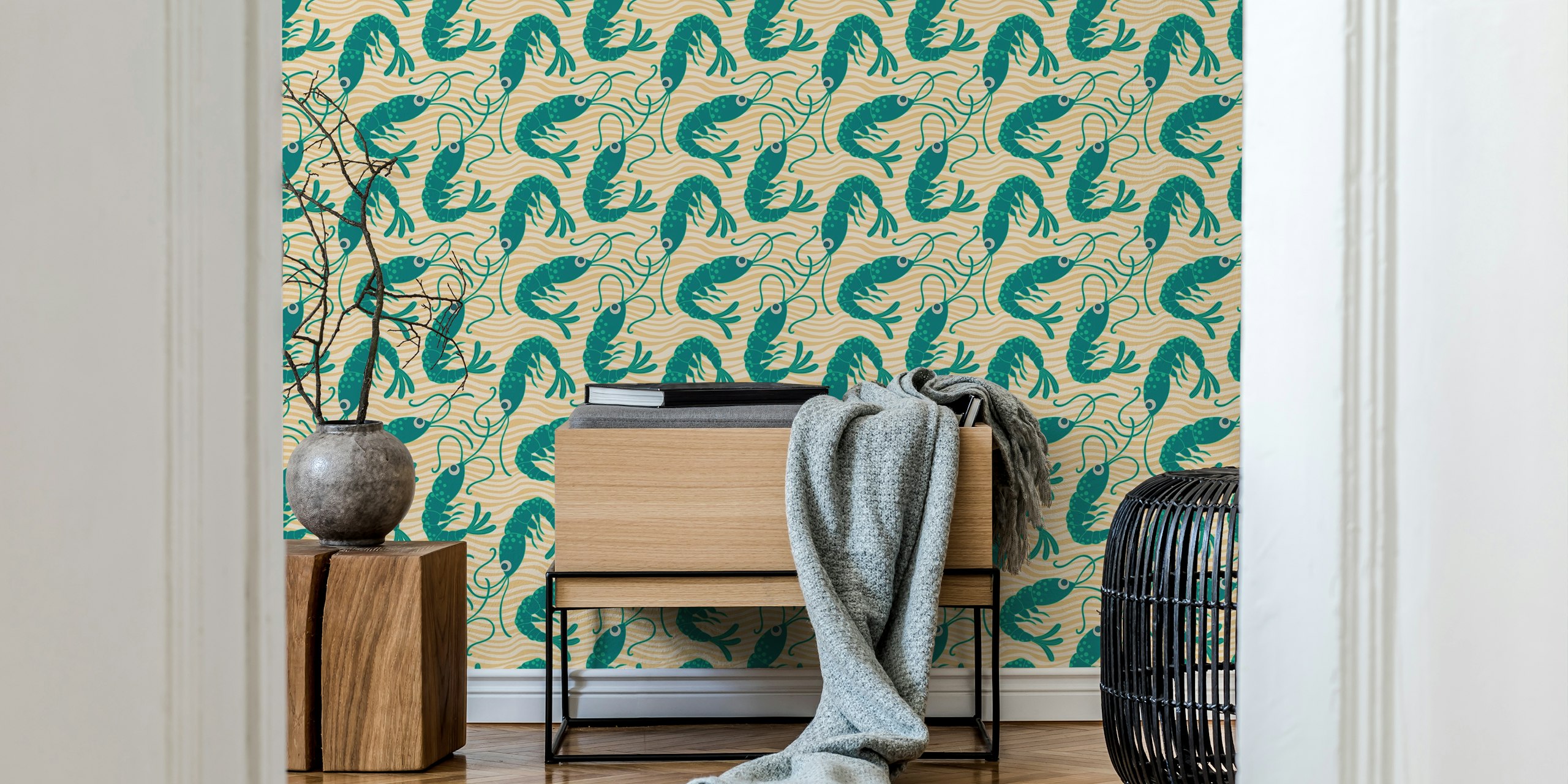 Coastal shrimp wallpaper design in a room