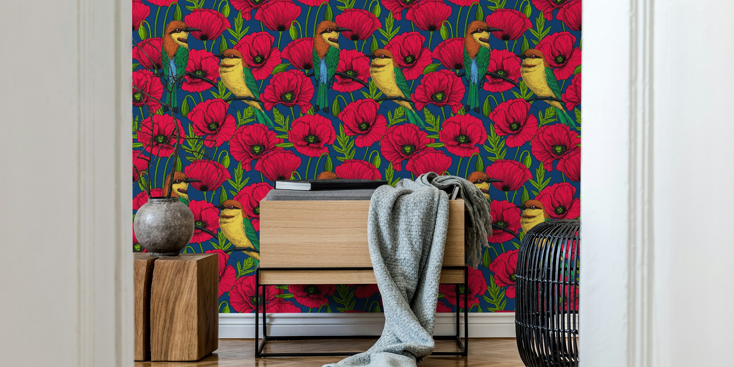 Bee eaters and red poppies on dark blue background wallpaper