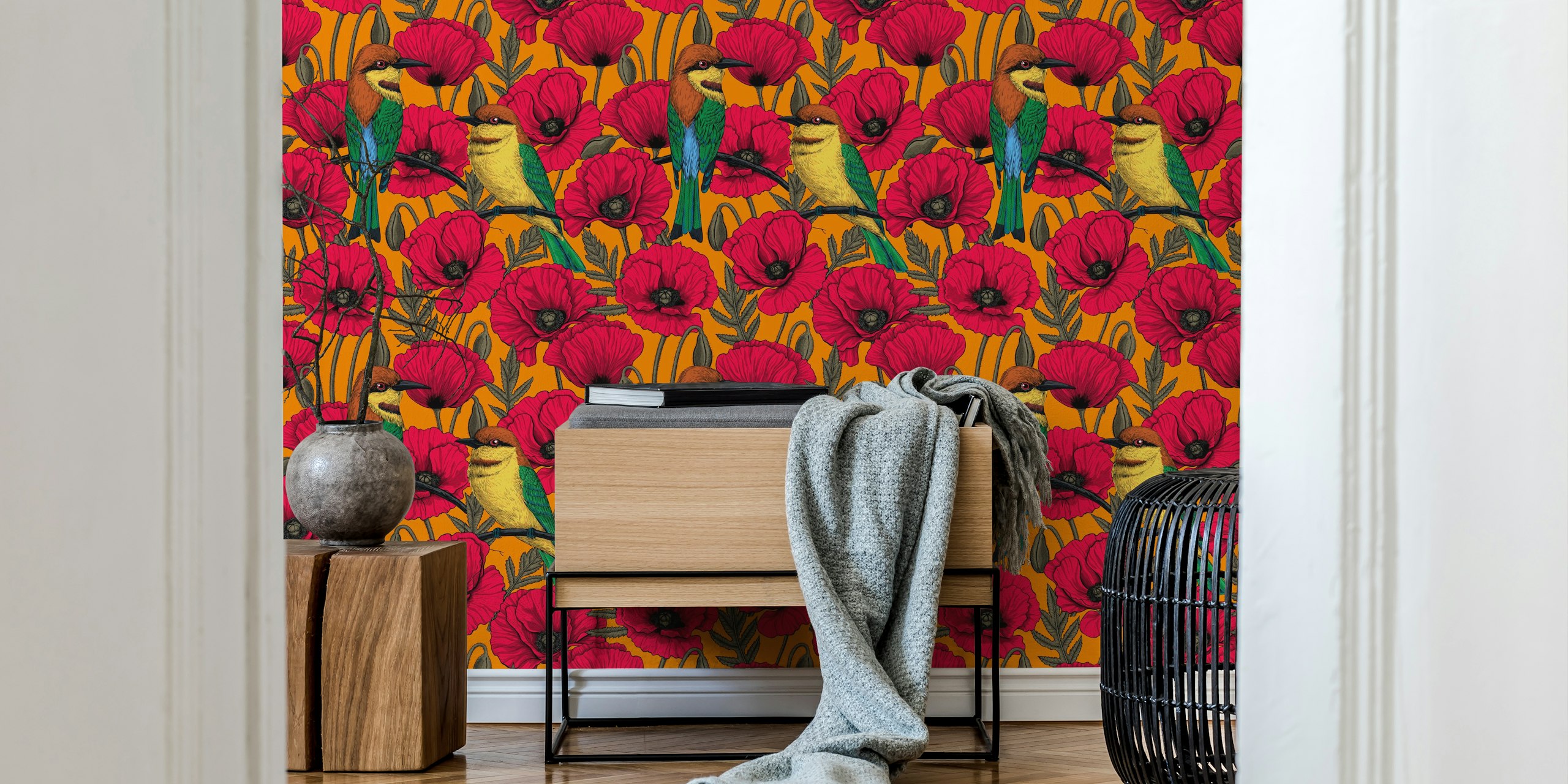 Bee eaters and poppies wallpaper design