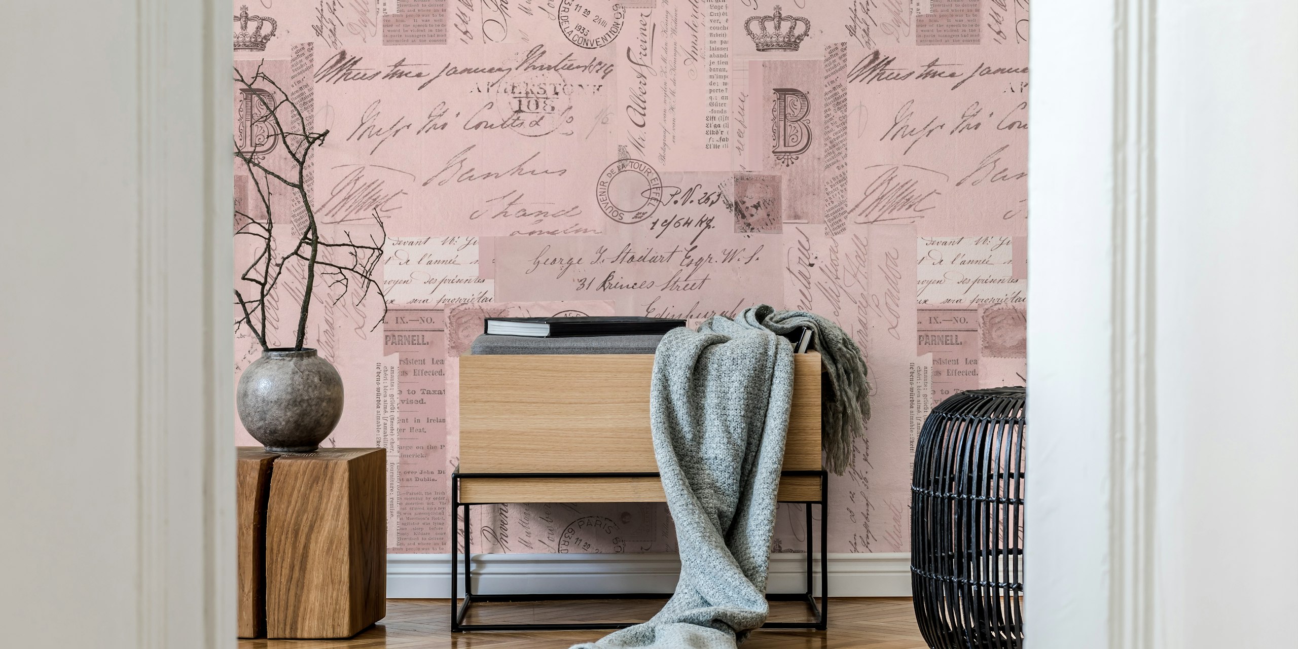 Vintage letters and postcards pattern in pastel pink wallpaper