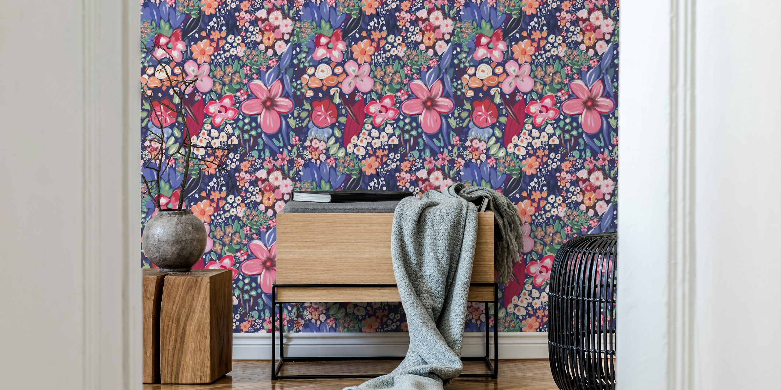 Design de papel de parede de flores coloridas desenhadas à mão