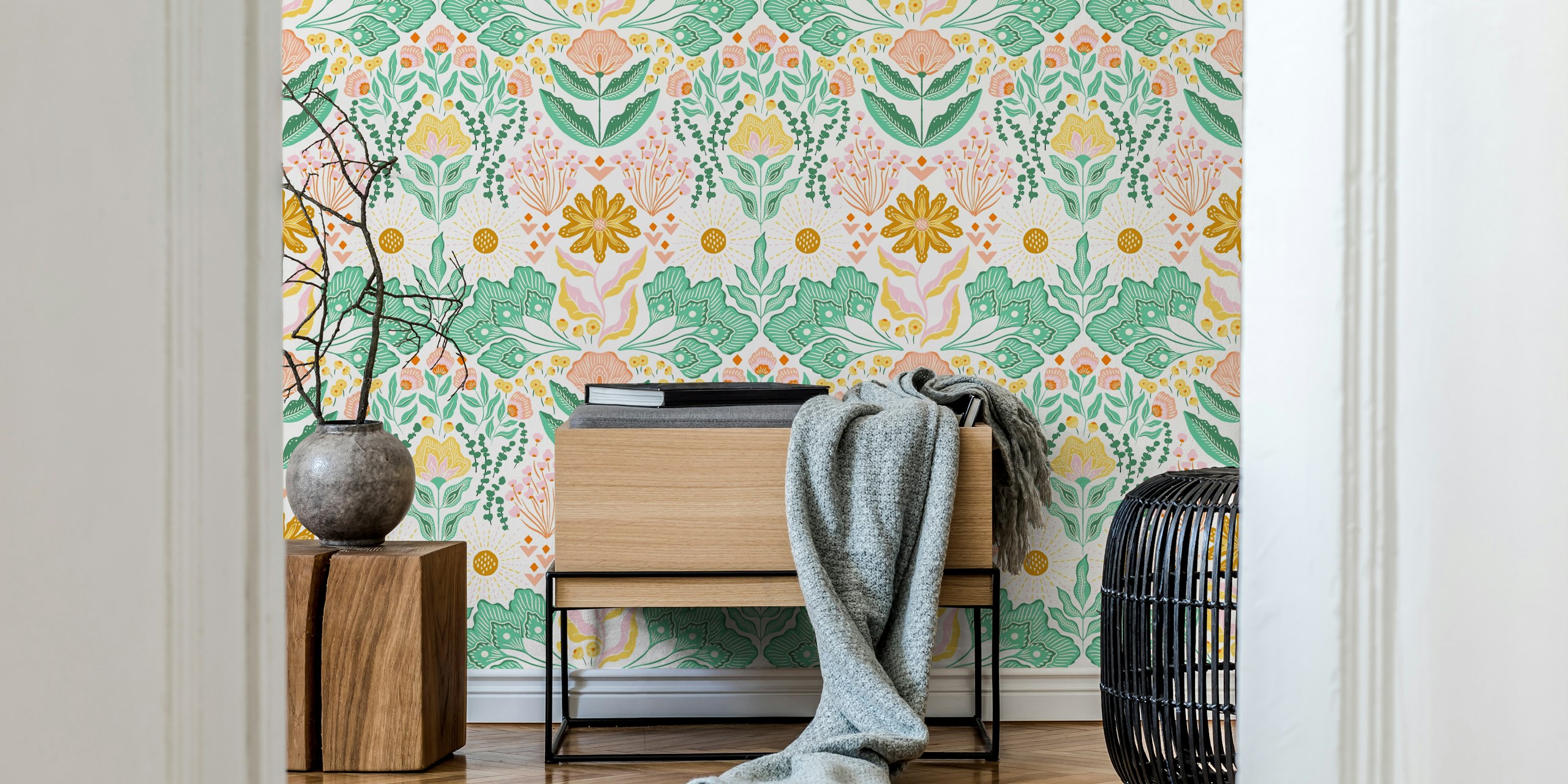 Vivid Wanderer Folk Floral wall mural with colorful and intricate botanical patterns