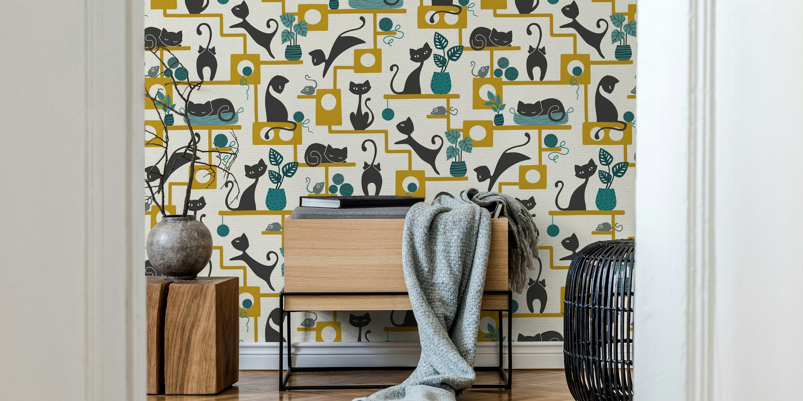Whimsical cat pattern wallpaper in a styled room