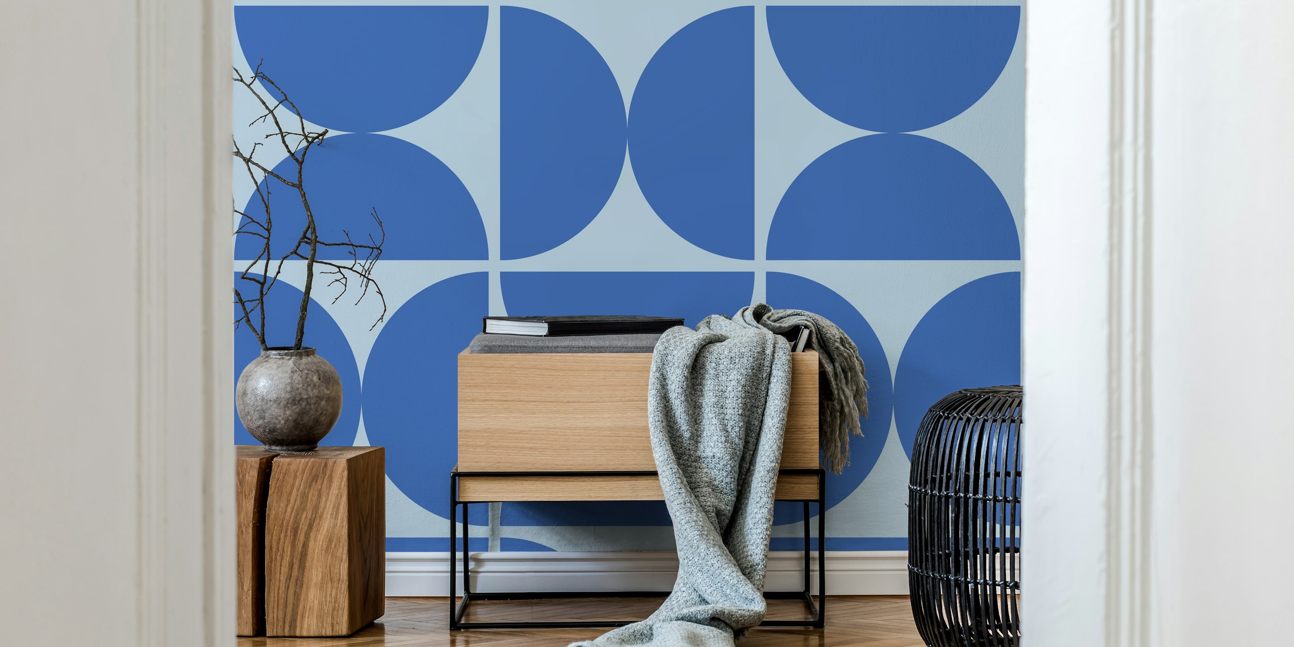 Geometric semicircle pattern in cobalt blue and air blue wallpaper