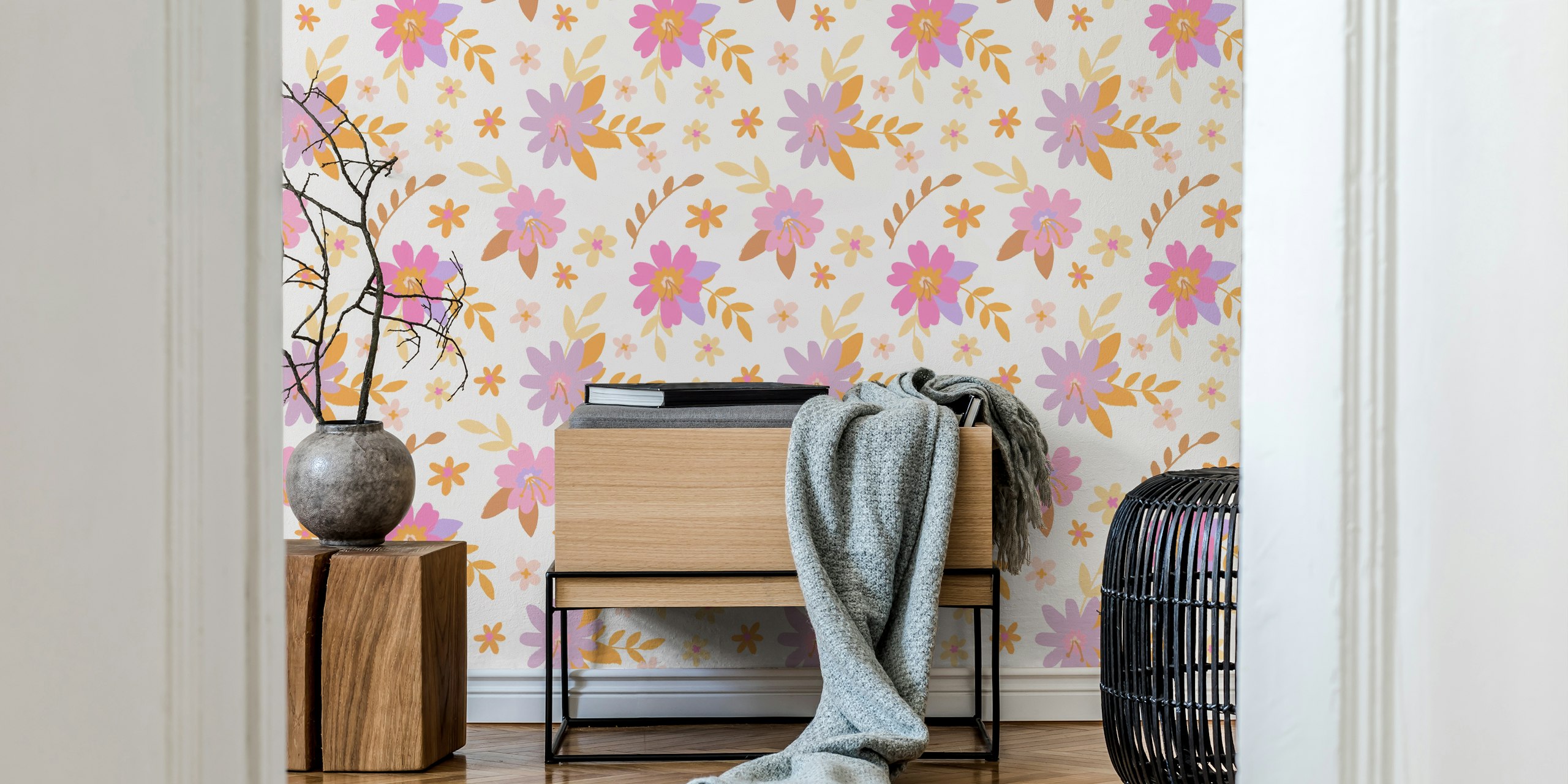 Pastel spring flowers wallpaper in a room