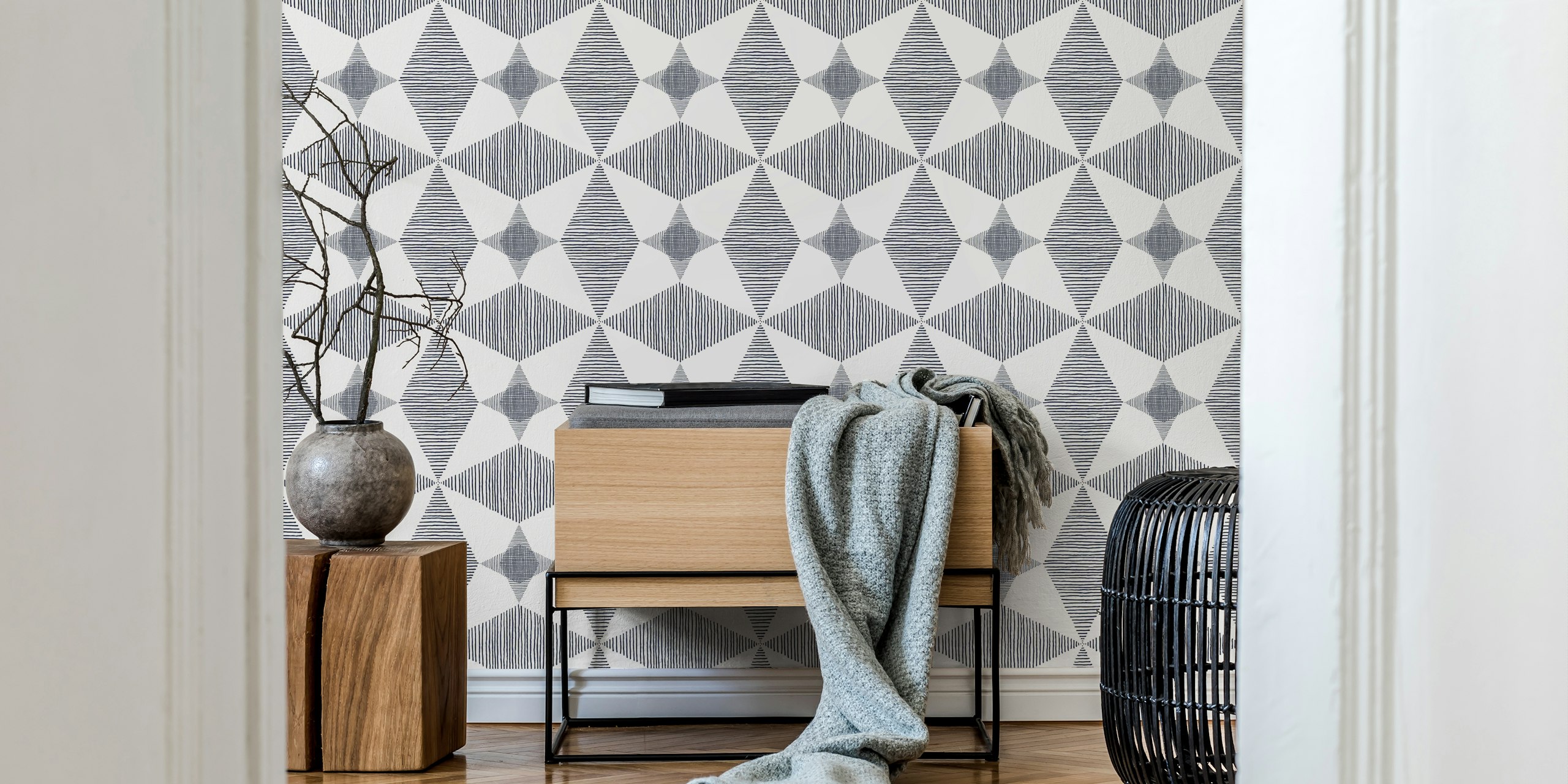 Zidna slika Mid Century Modern Stars u tamnoplavoj boji s geometrijskim uzorkom zvijezda