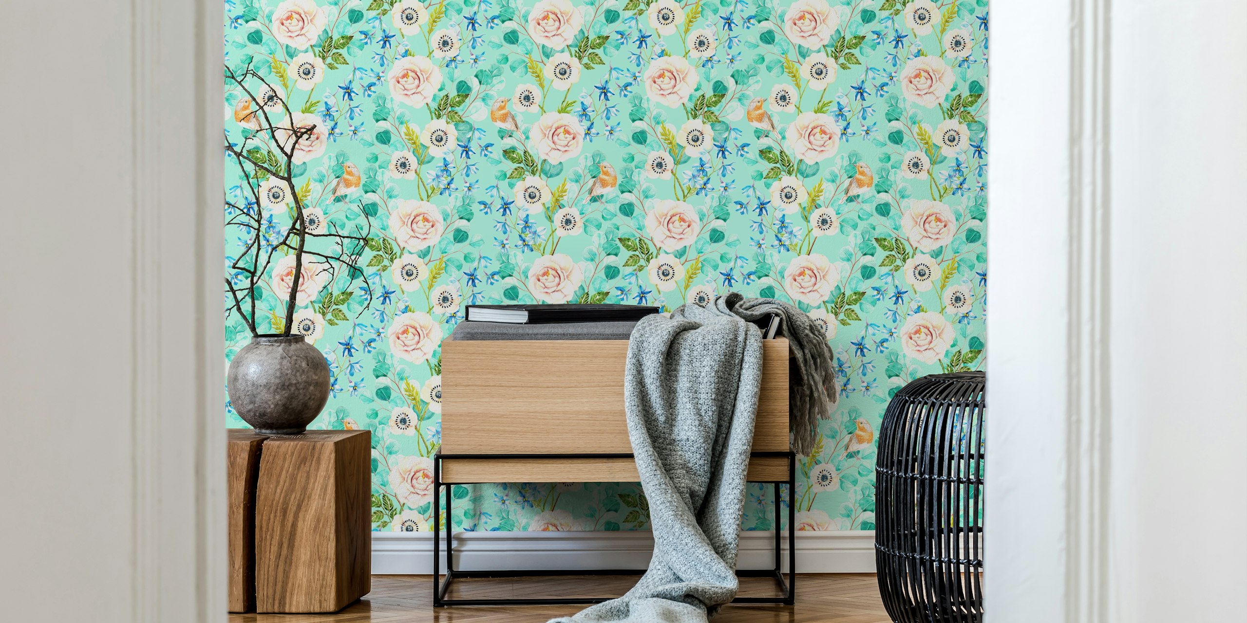 Handpainted flowers and birds wallpaper in a room