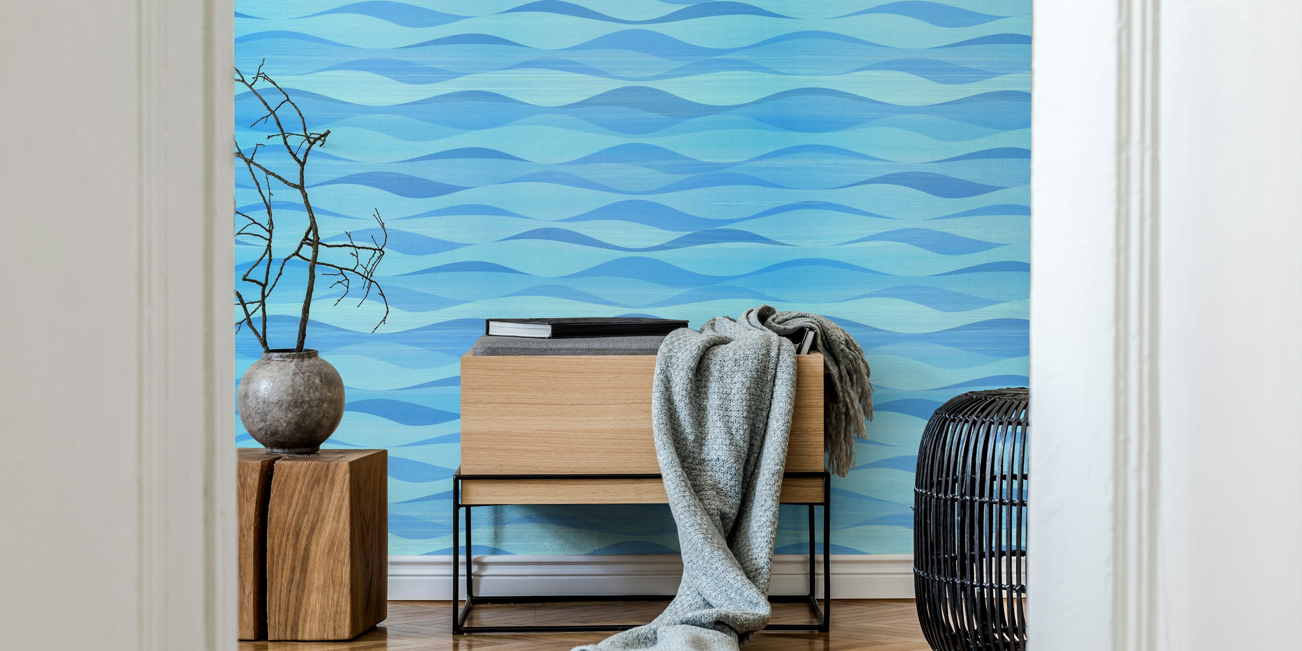 Wavy design in various blue shades wallpaper