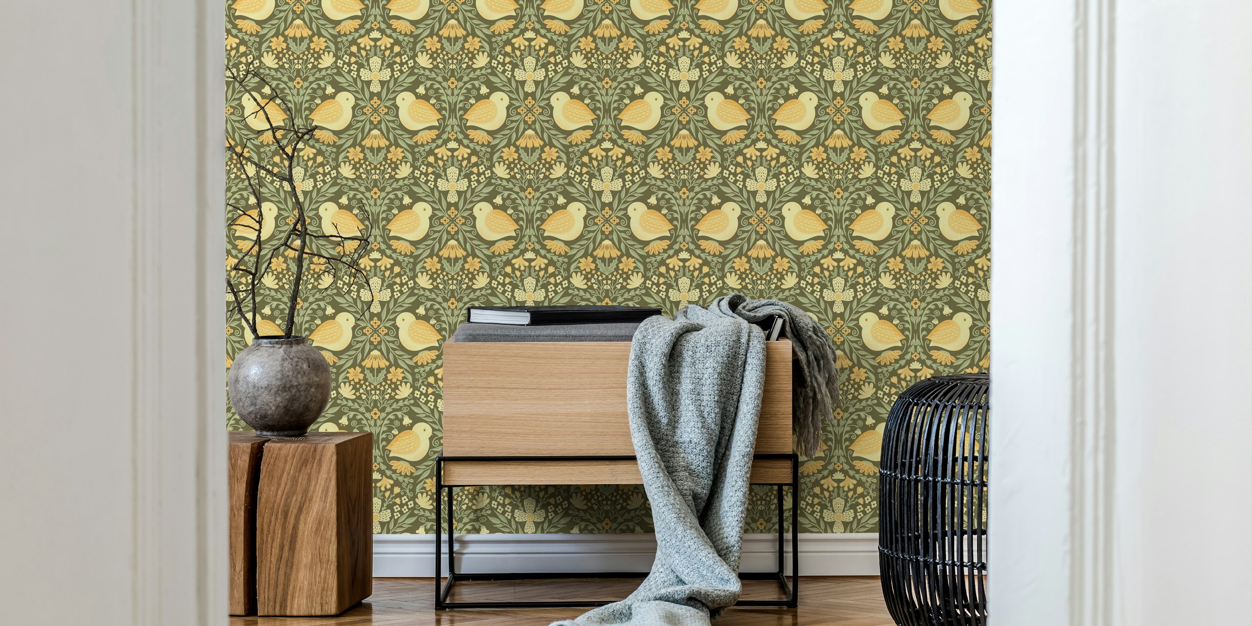 Baroque Yellow Birds wallpaper design