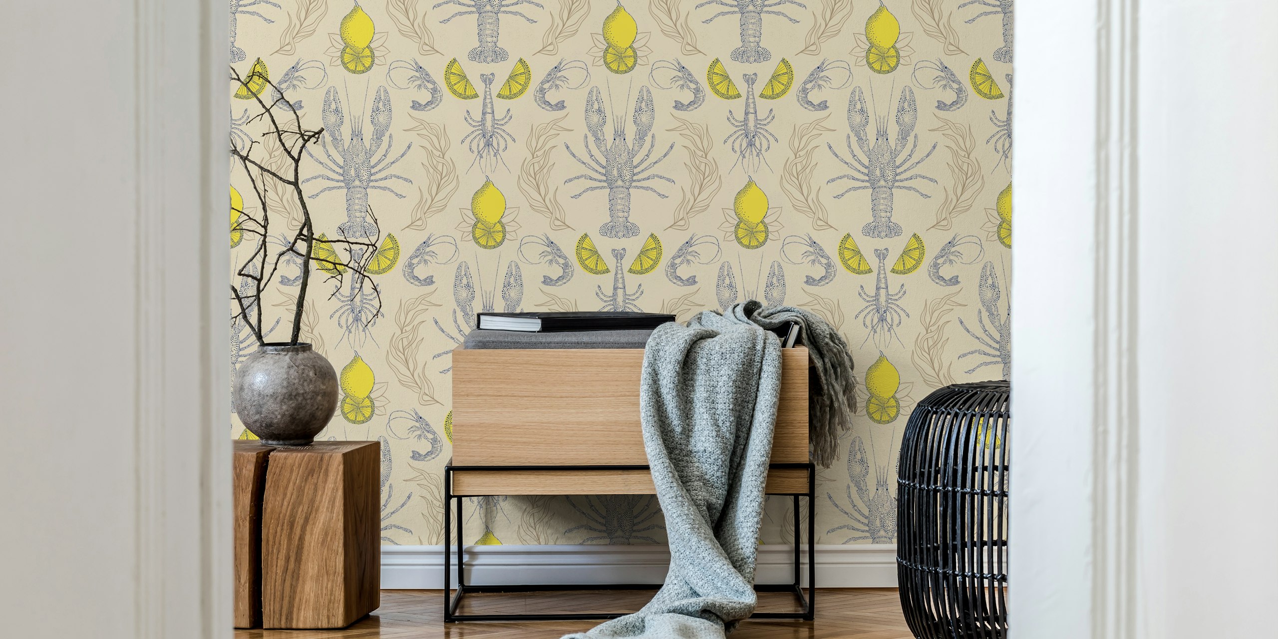 Vintage nautical lobster and lemons wallpaper