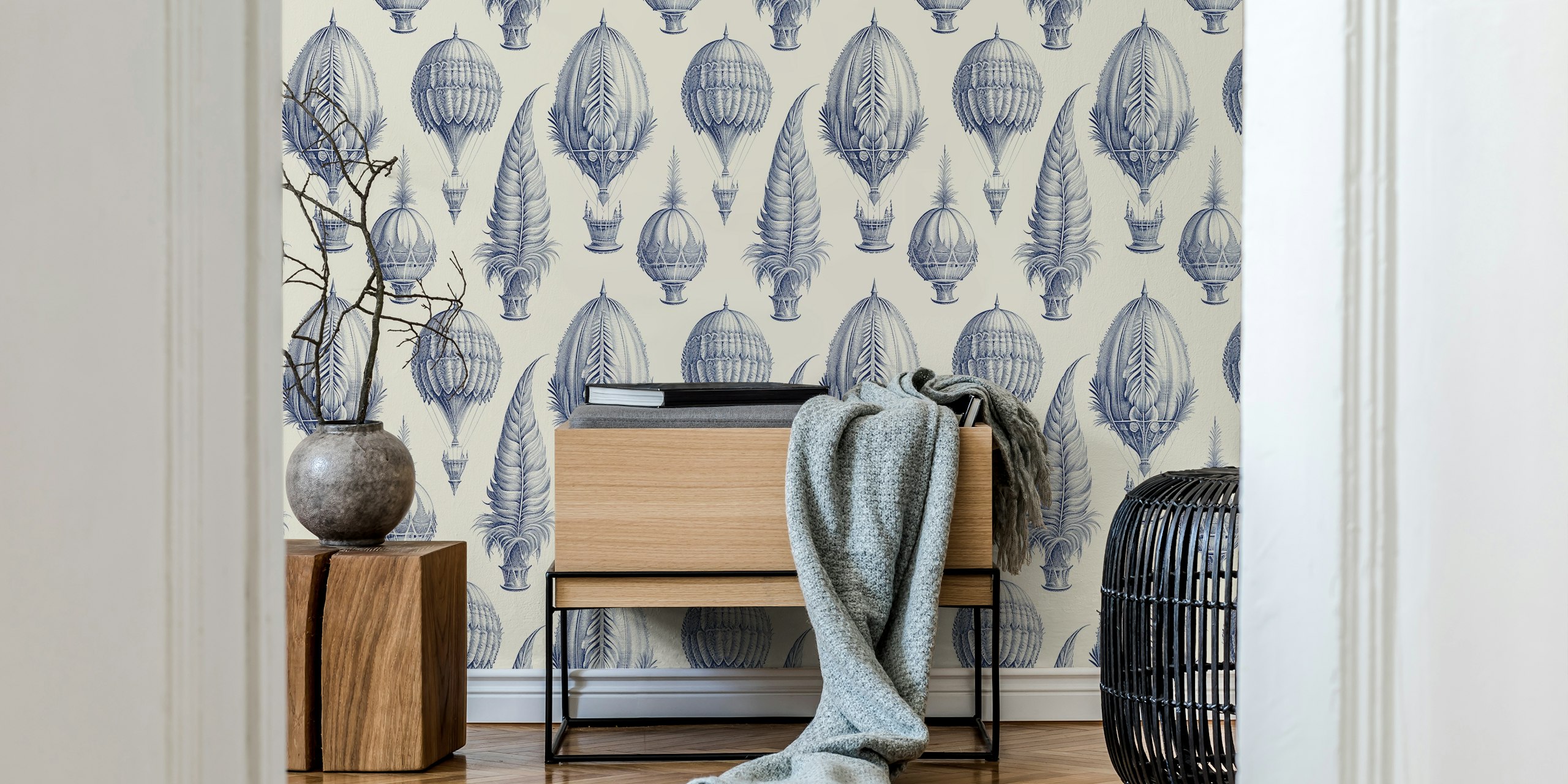 Delft blue hot air balloons pattern wall mural