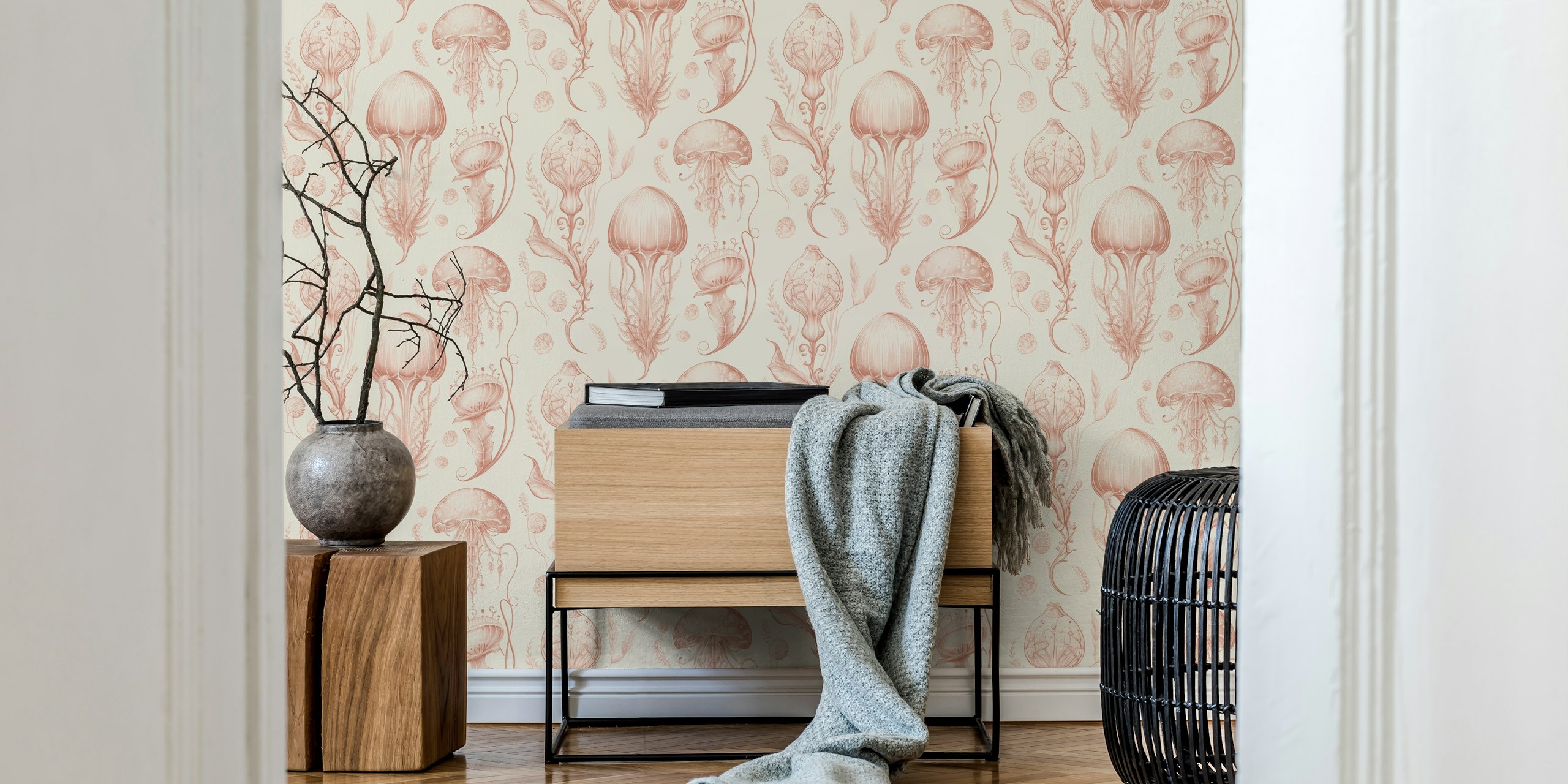 Jellyfish and marine elements in peach tones wallpaper