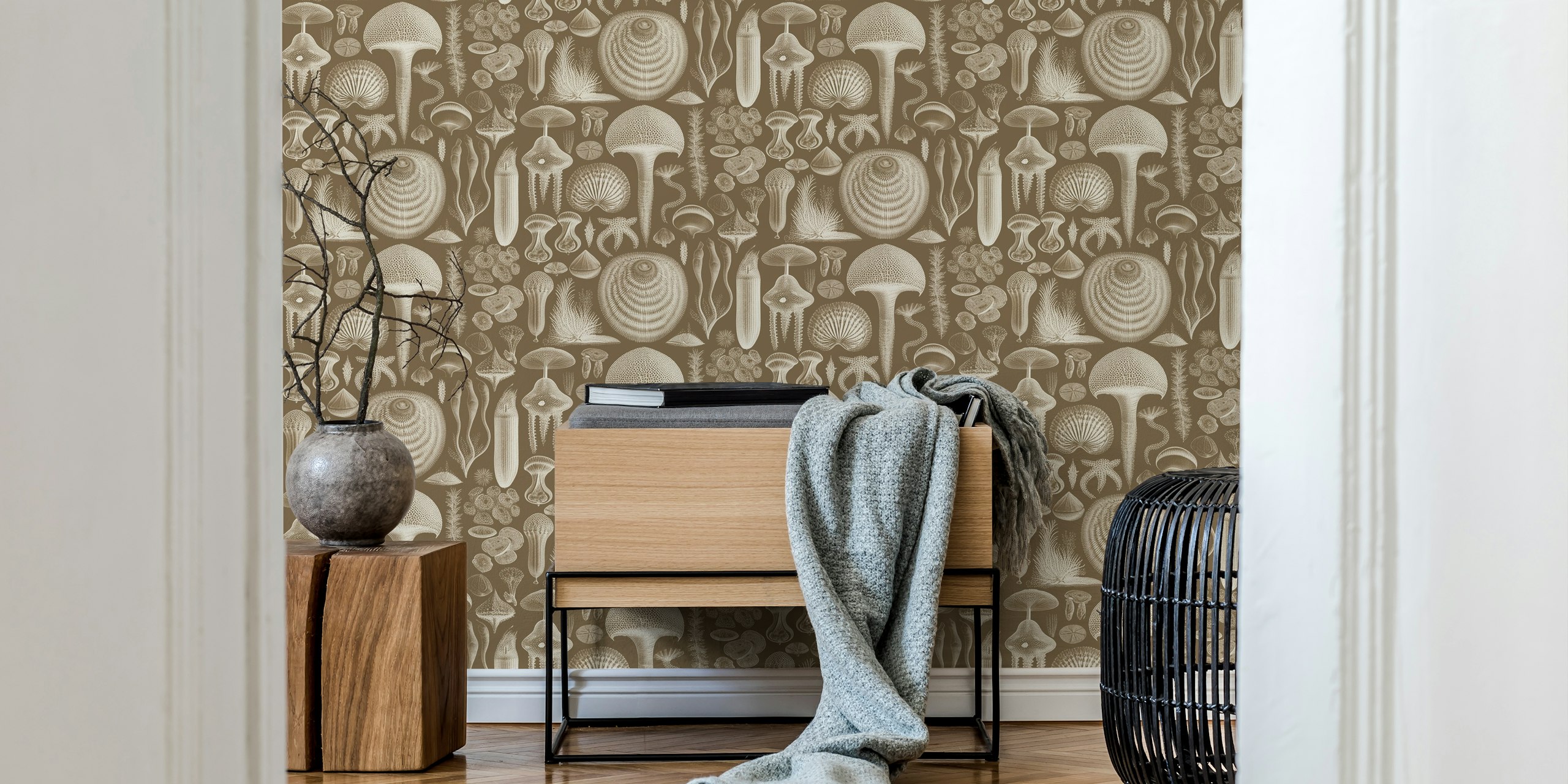 Woodland elements wallpaper in tobacco brown