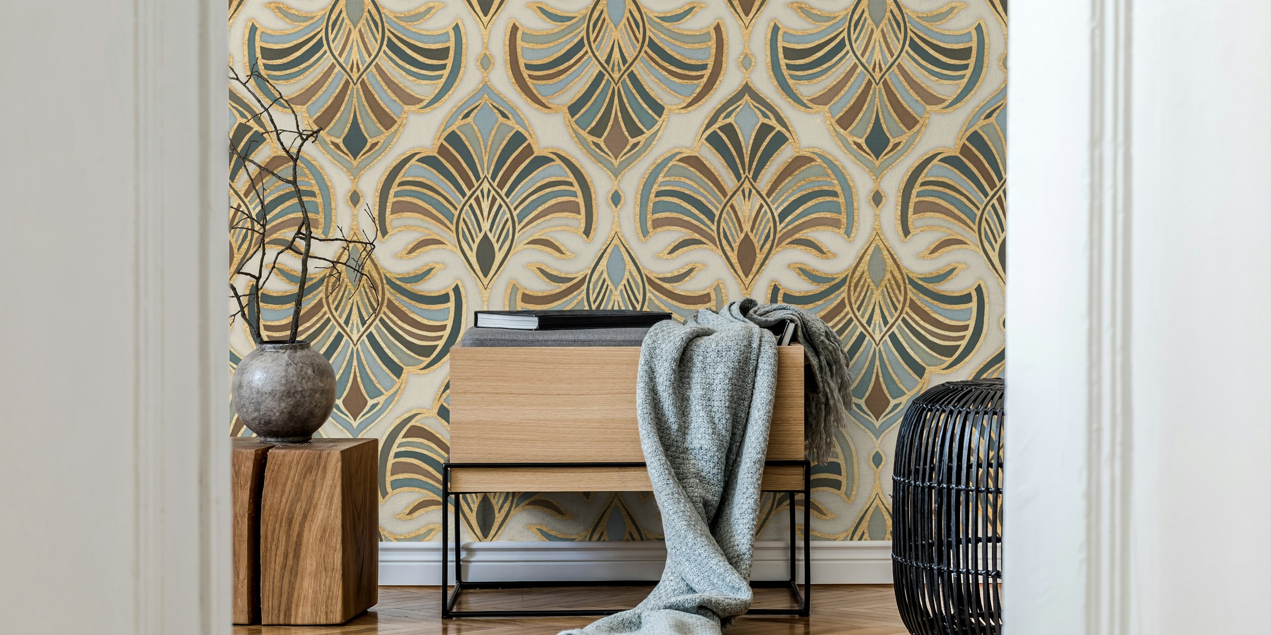 Art Deco Fans in gold und teal auf cremefarbenem Hintergrund wallpaper