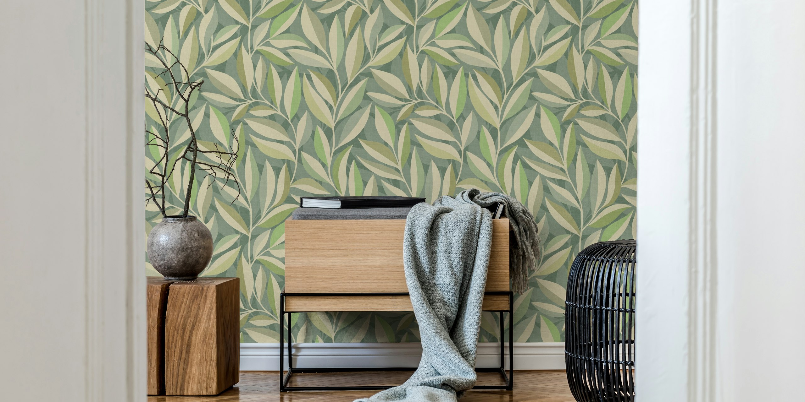 Soft Green Whispering Leaves behang in een kamer