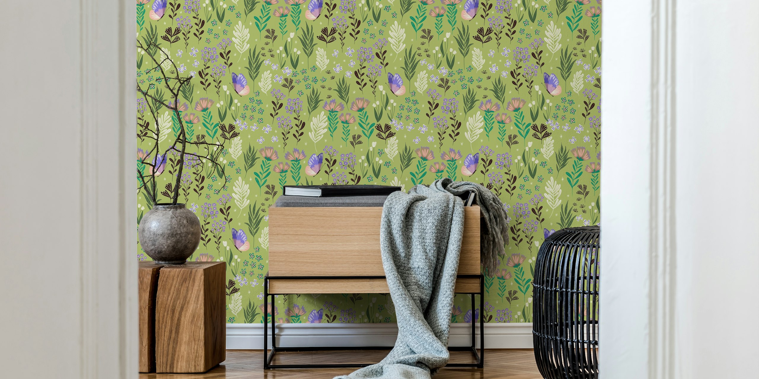 Floral green wallpaper with butterflies and various colorful flowers