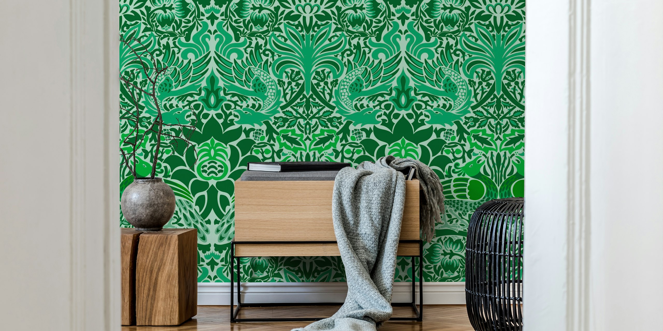 Green peacock and dragon pattern wallpaper with floral elements