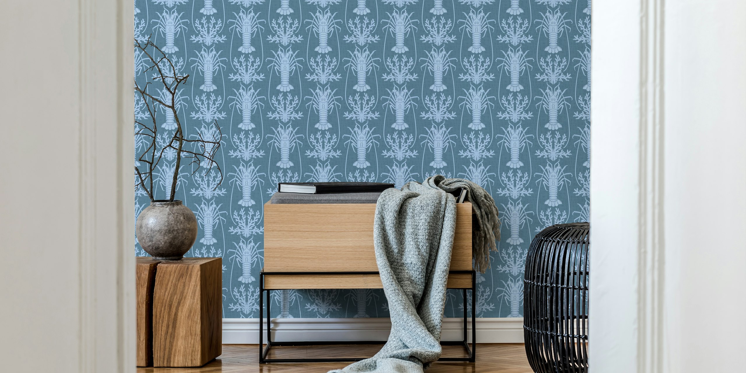 Blue folk art Languste wallpaper in a room