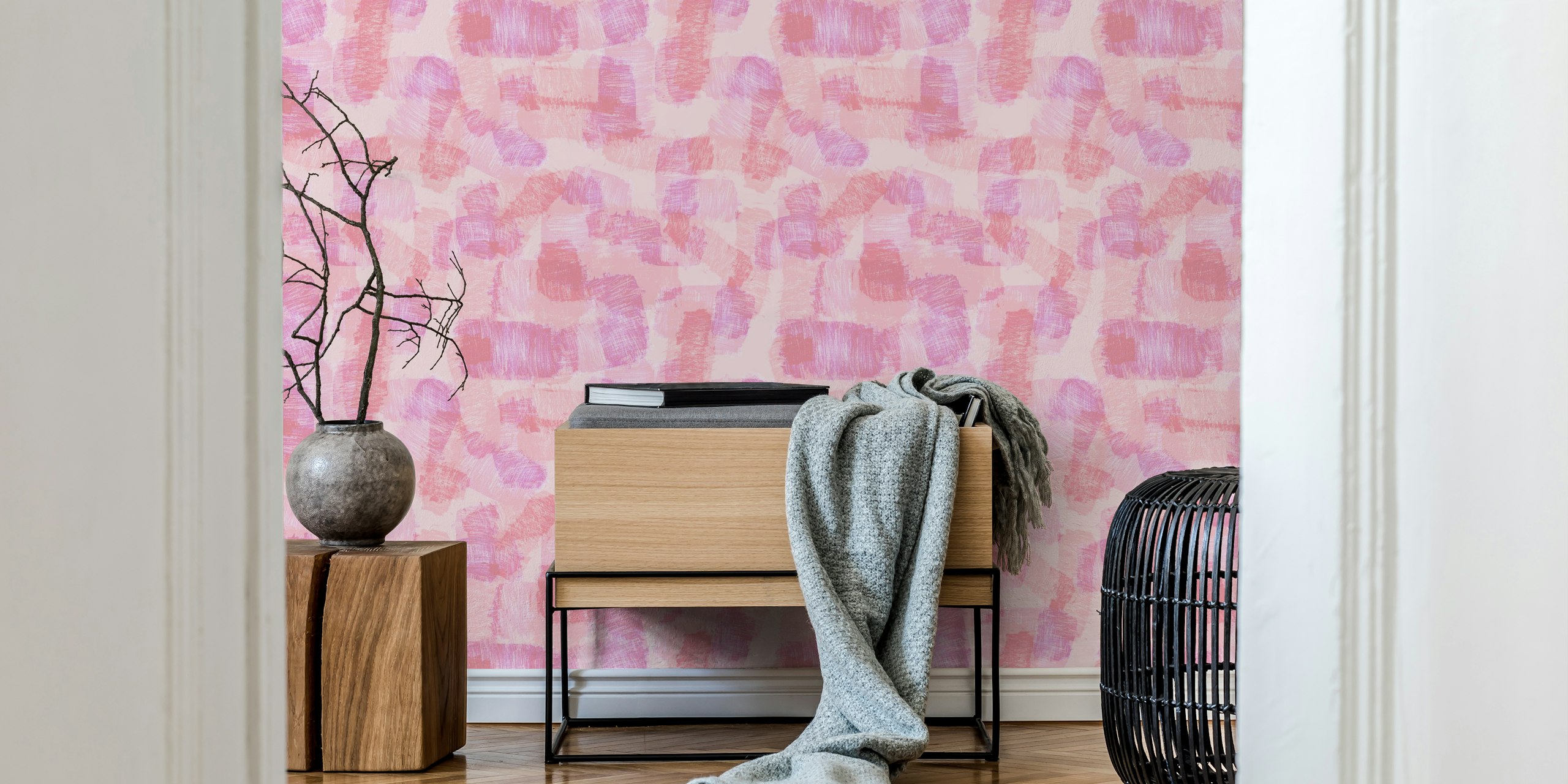 carta da parati Pink Abstract Brushstrokes in una stanza