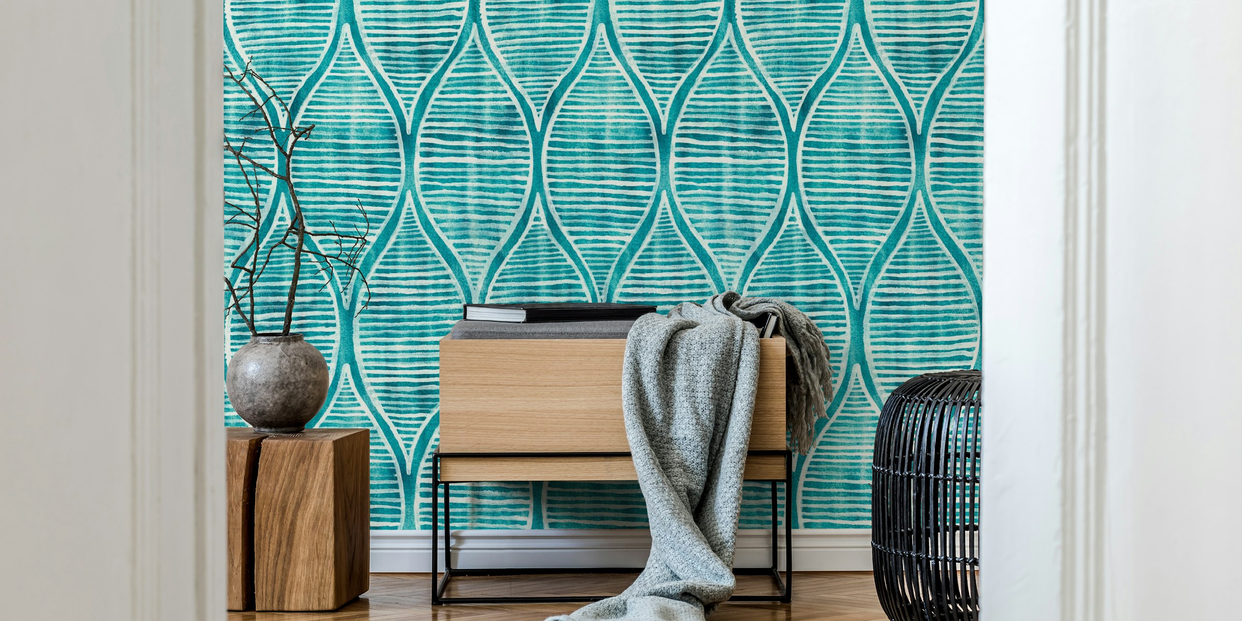 Teal blue and off-white ogee pattern wallpaper