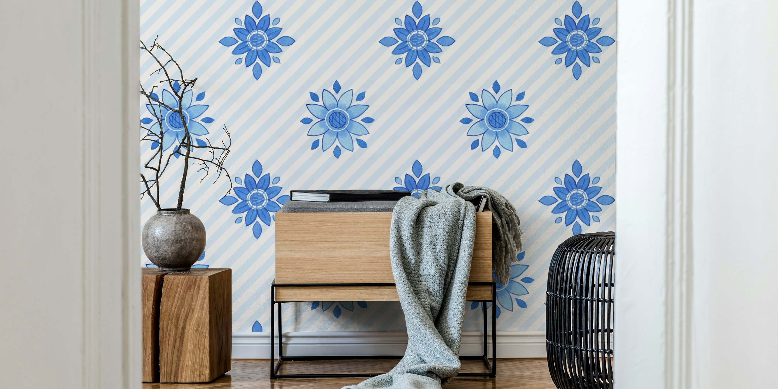 Zidna obloga s Diagonal stripes with blue florals