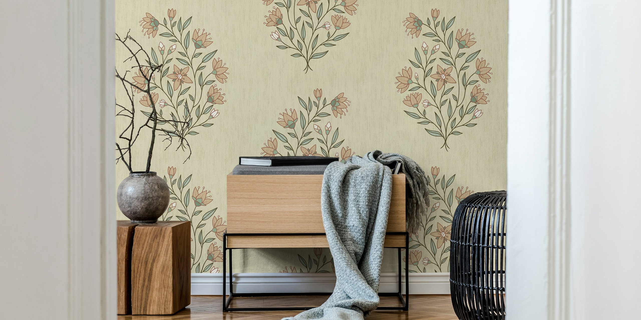 Delicate Mughal floral wallpaper with soft pastel colors
