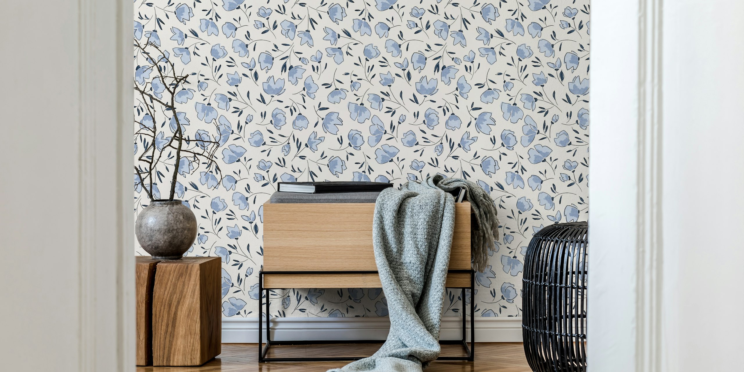 Blue floral pattern on cream background wallpaper