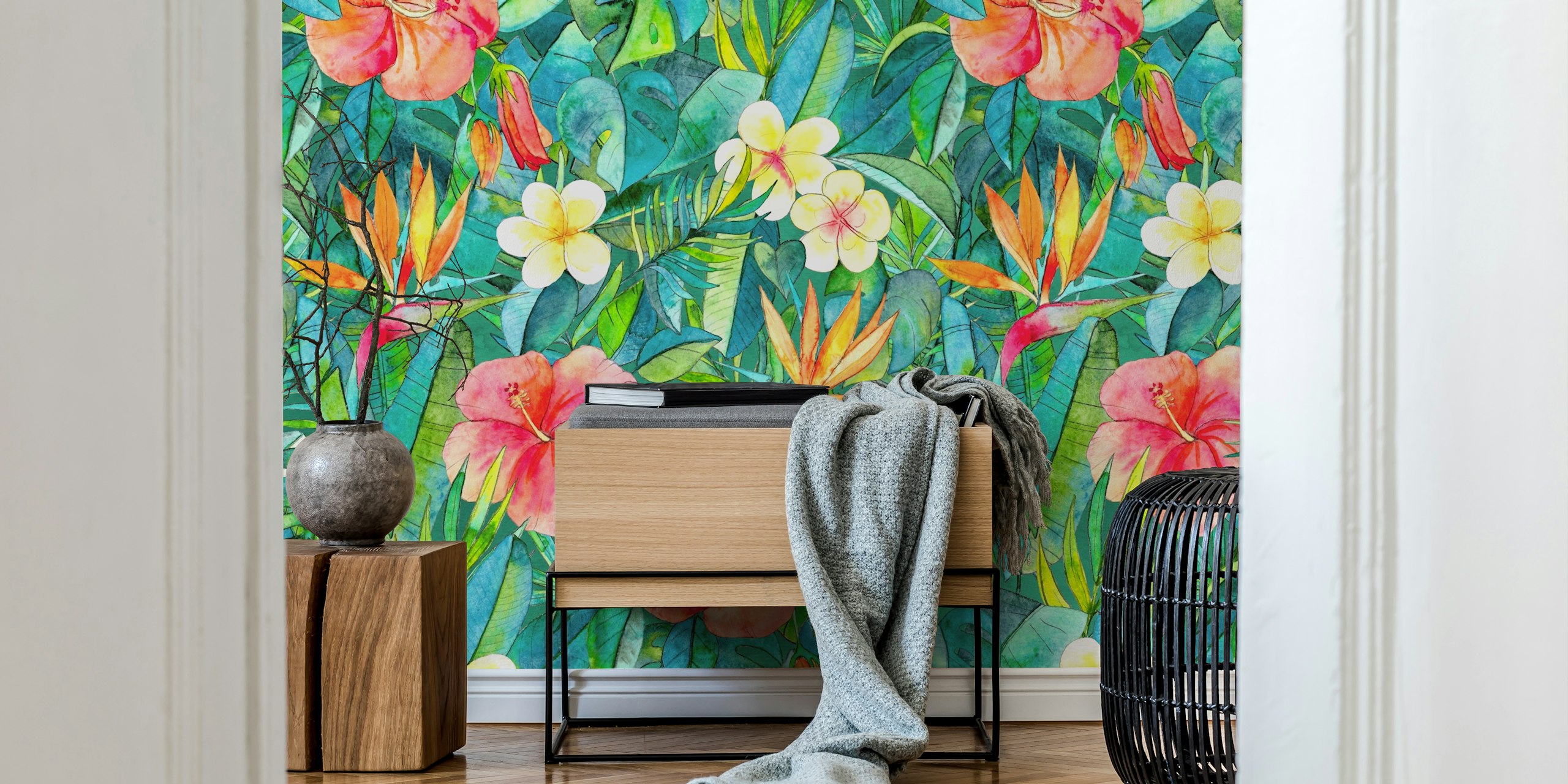 Tropical floral wallpaper featuring hibiscus and greenery in vibrant colors